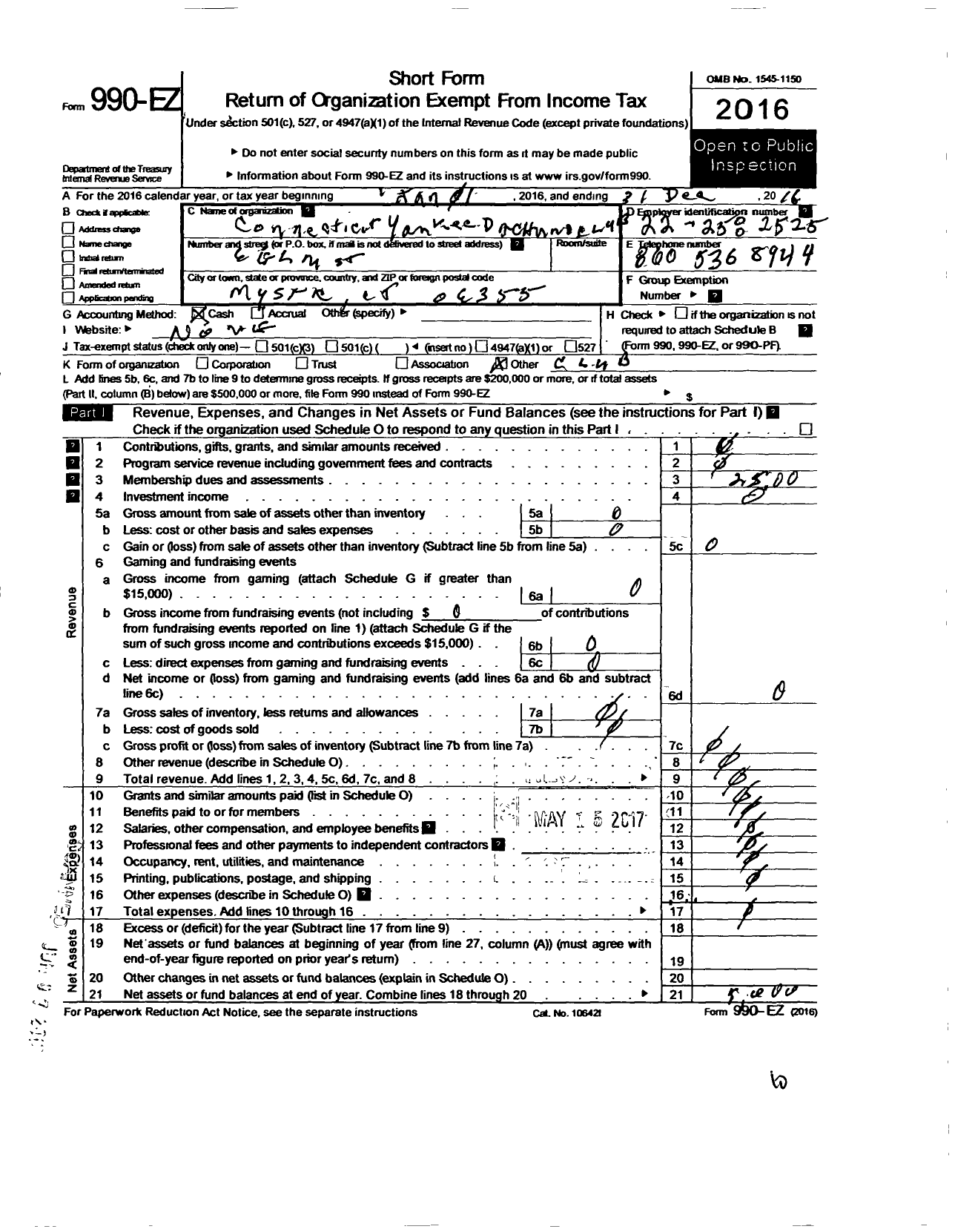 Image of first page of 2016 Form 990EO for Connecticut Yankee Dachund Club