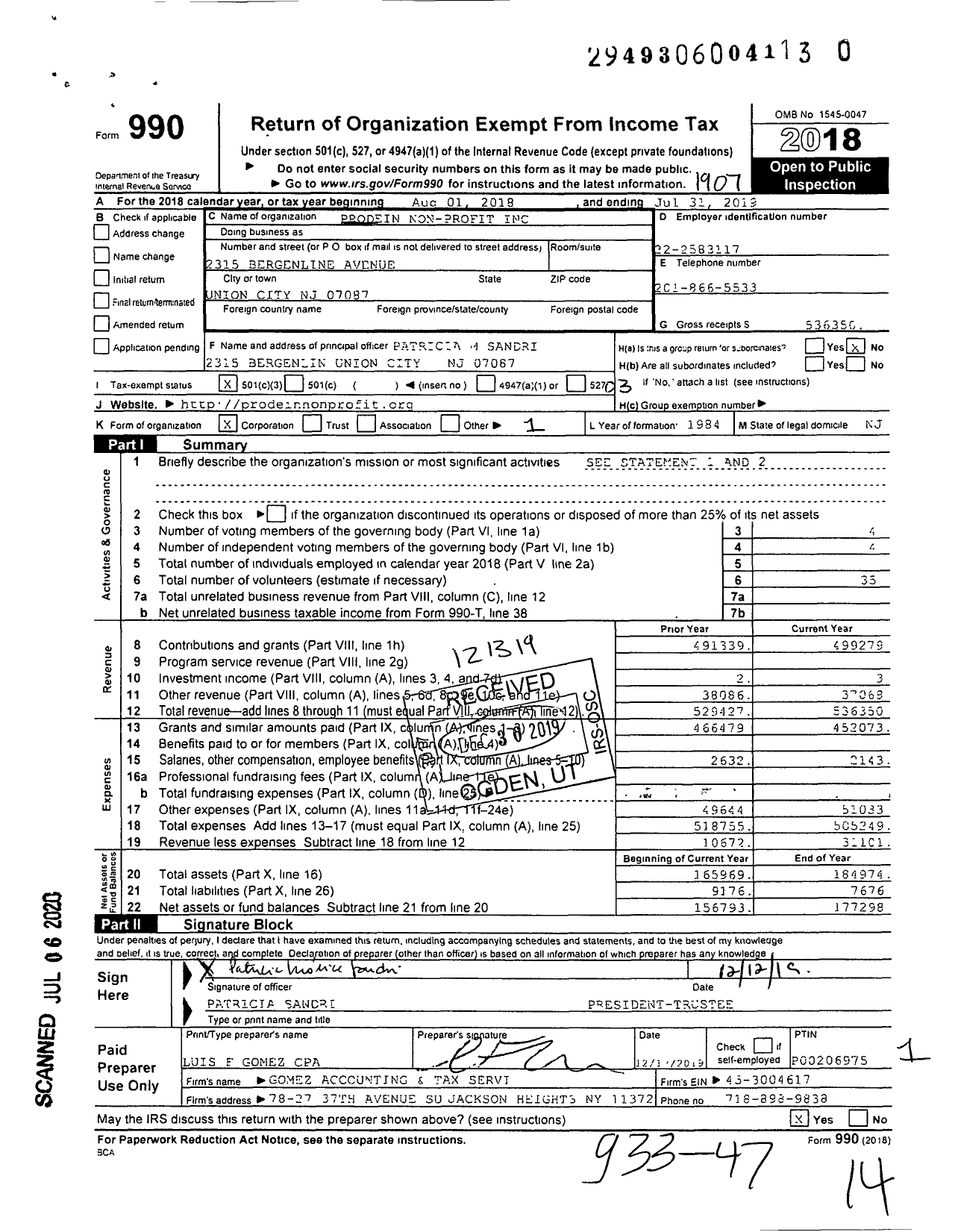 Image of first page of 2018 Form 990 for Prodein Non-Profit