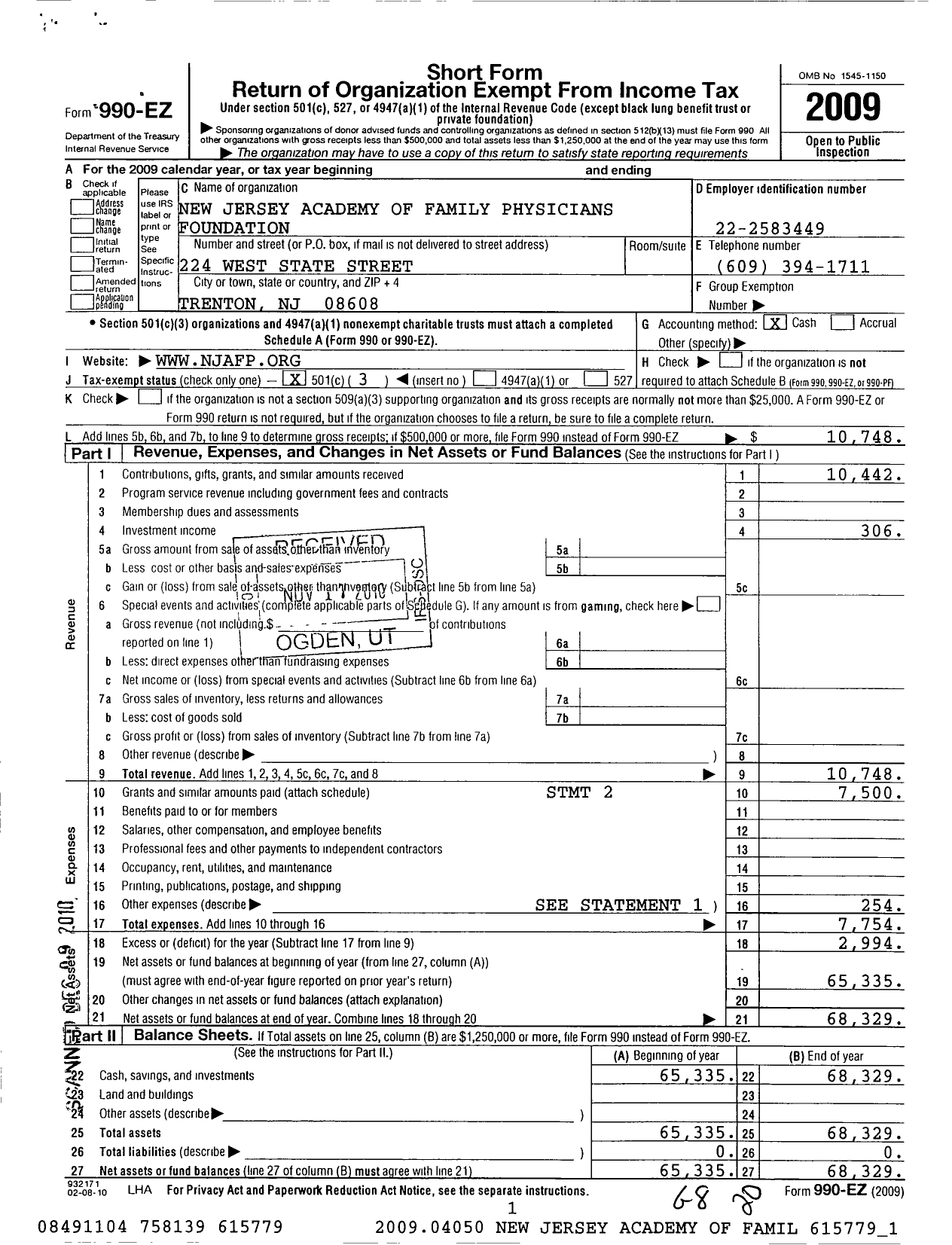 Image of first page of 2009 Form 990EZ for New Jersey Academy of Family Physicians Foundation