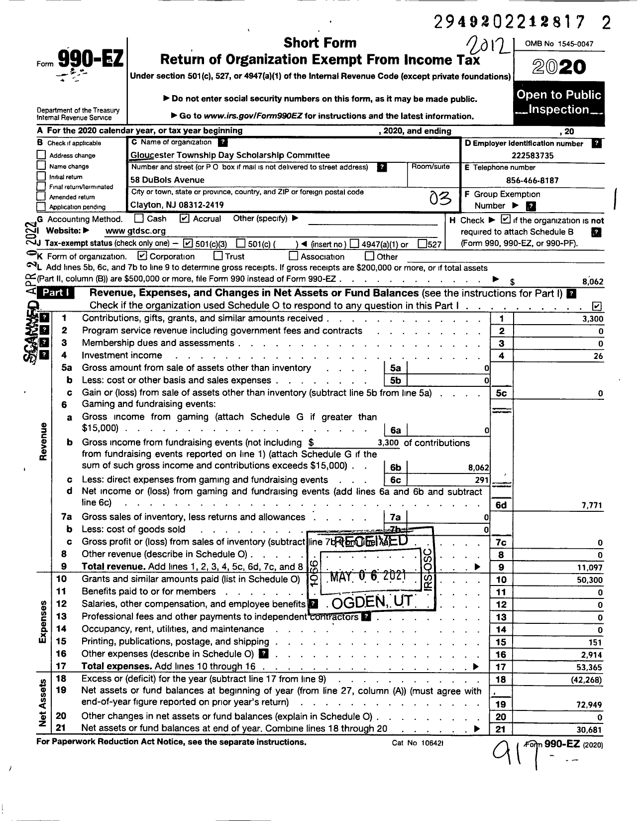 Image of first page of 2020 Form 990EZ for Gloucester Township Day Scholarship Committee