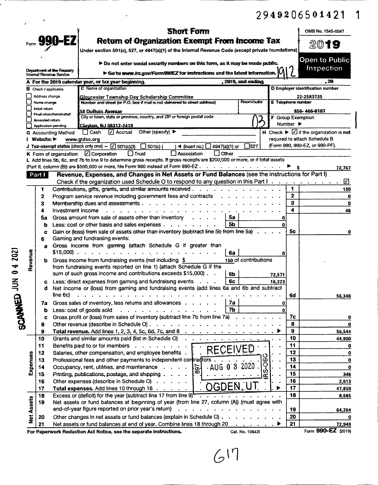 Image of first page of 2019 Form 990EZ for Gloucester Township Day Scholarship Committee