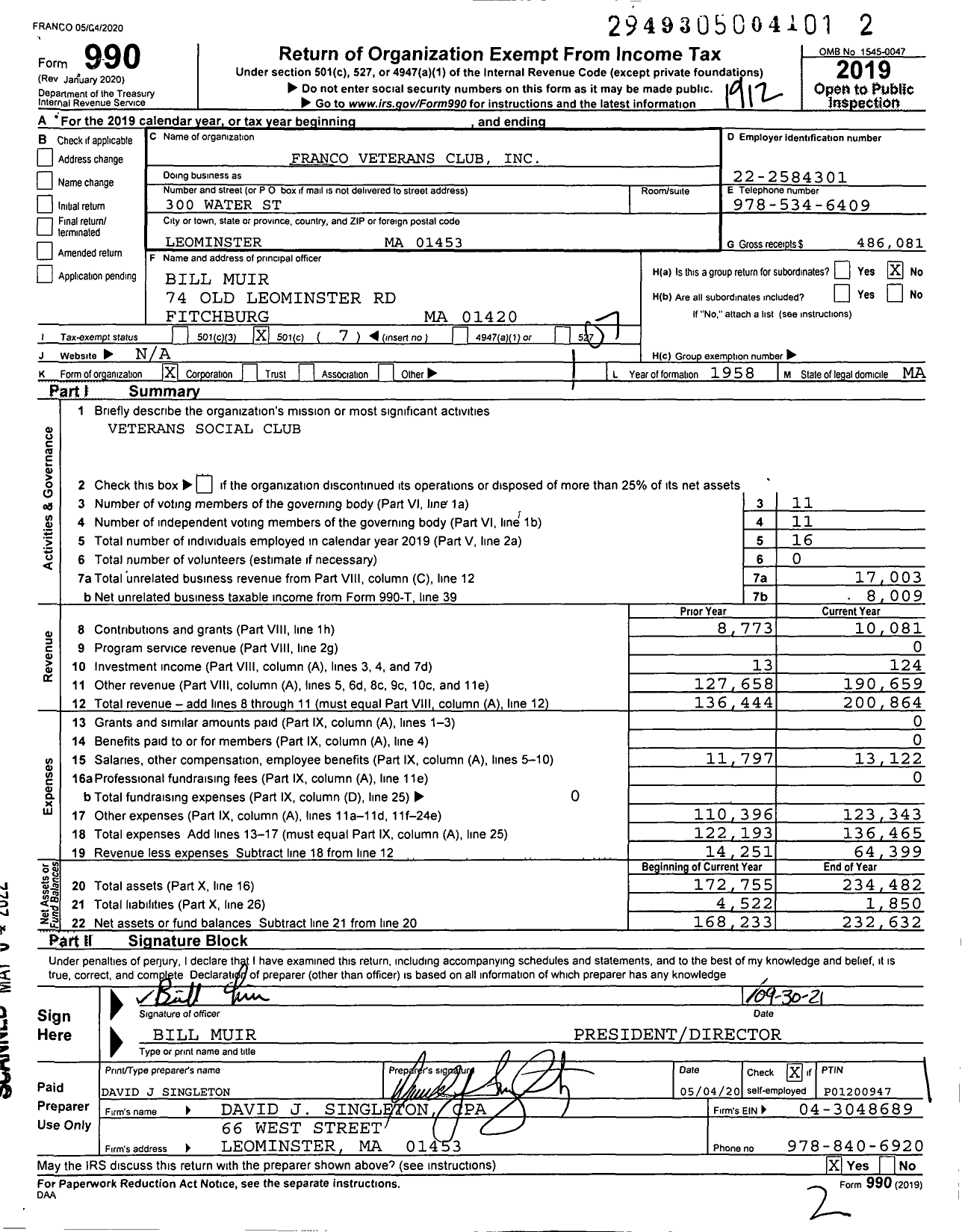 Image of first page of 2019 Form 990O for Franco Veterans Club