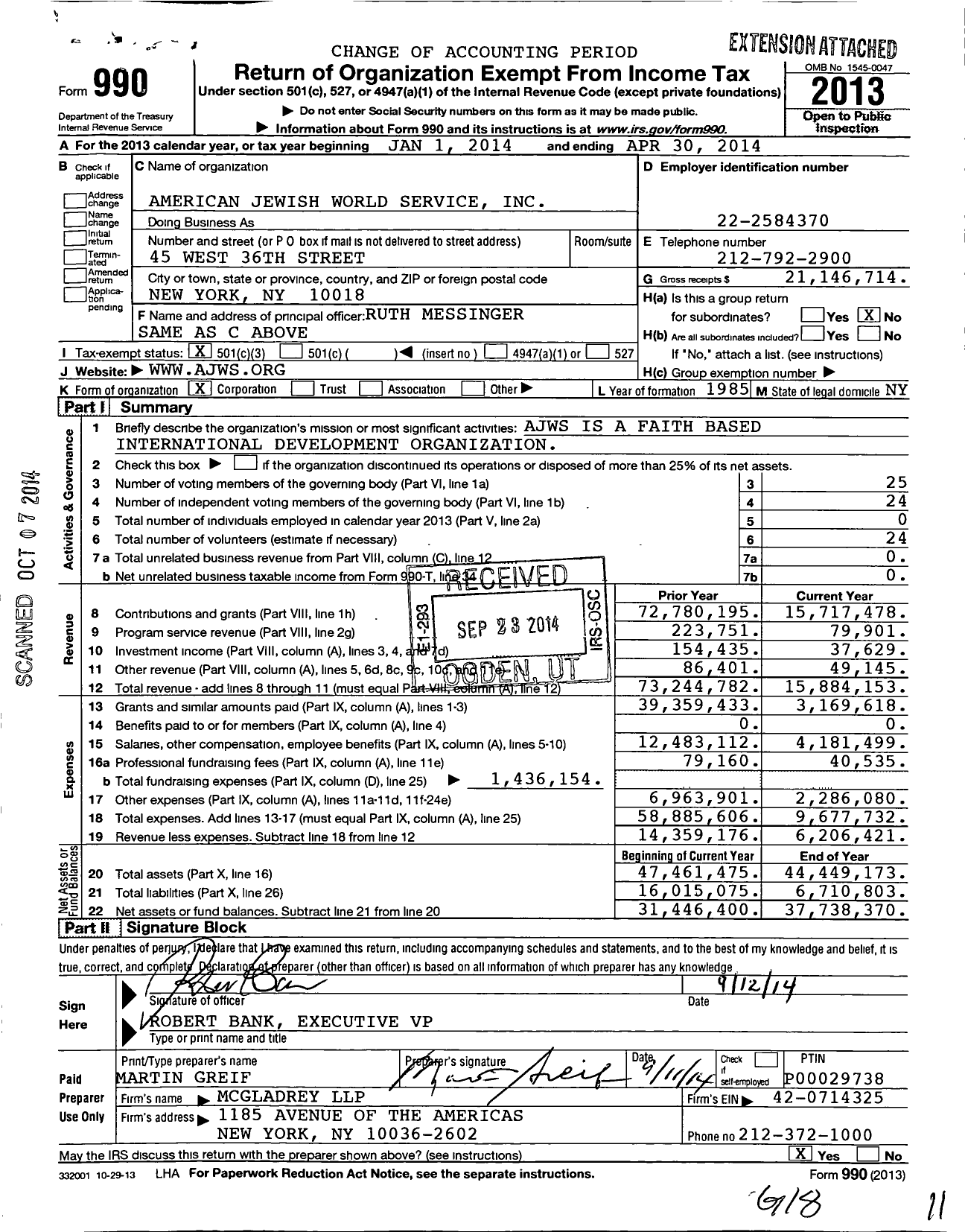 Image of first page of 2013 Form 990 for American Jewish World Service