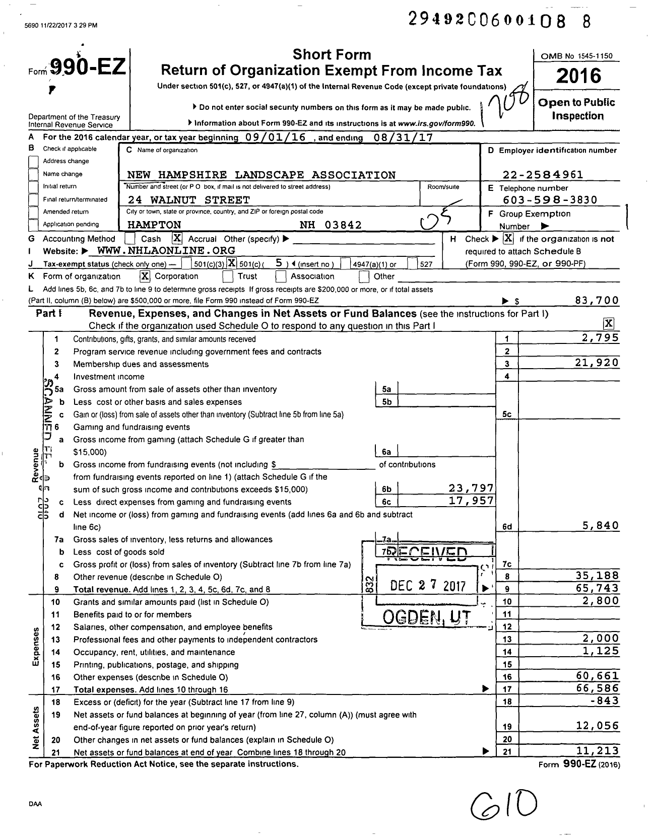 Image of first page of 2016 Form 990EO for New Hampshire Landscape Association