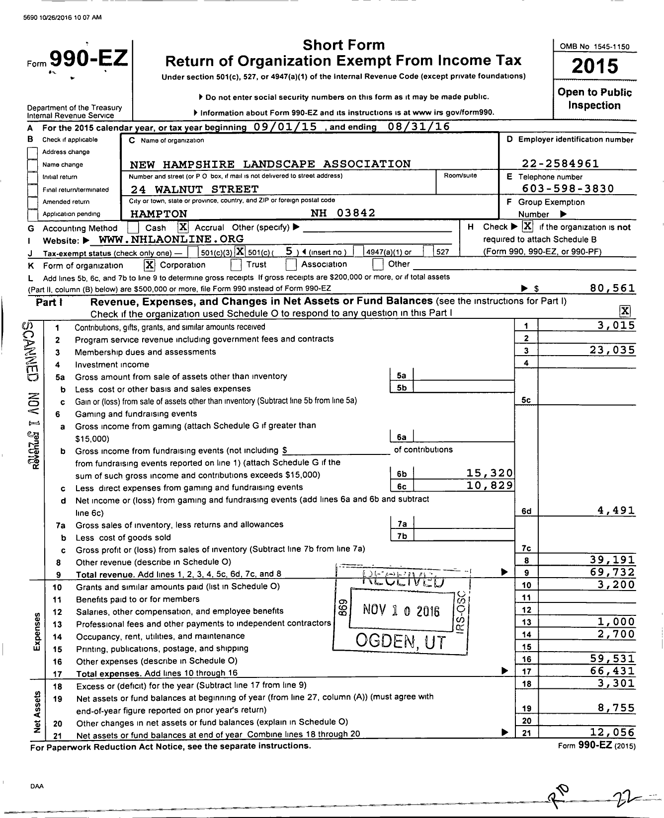 Image of first page of 2015 Form 990EO for New Hampshire Landscape Association