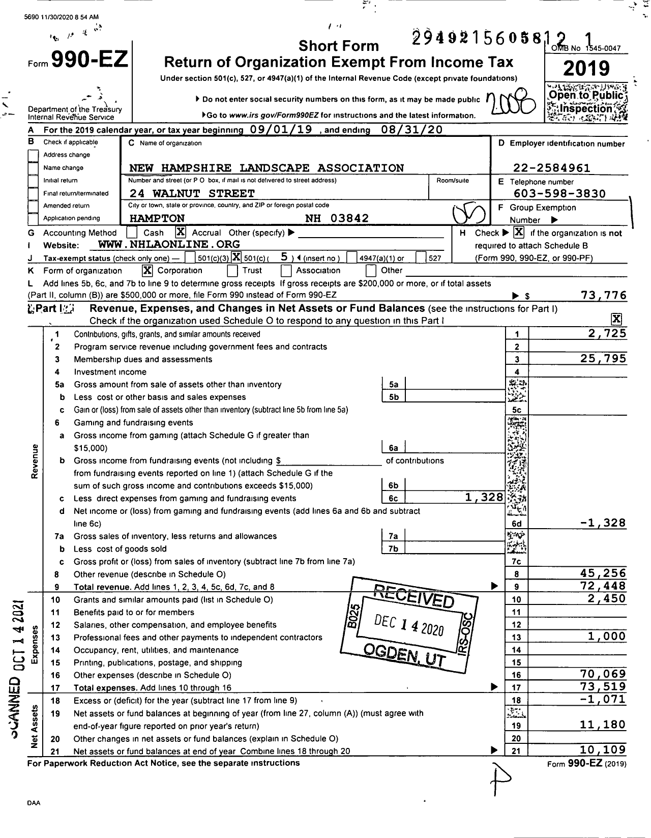 Image of first page of 2019 Form 990EO for New Hampshire Landscape Association
