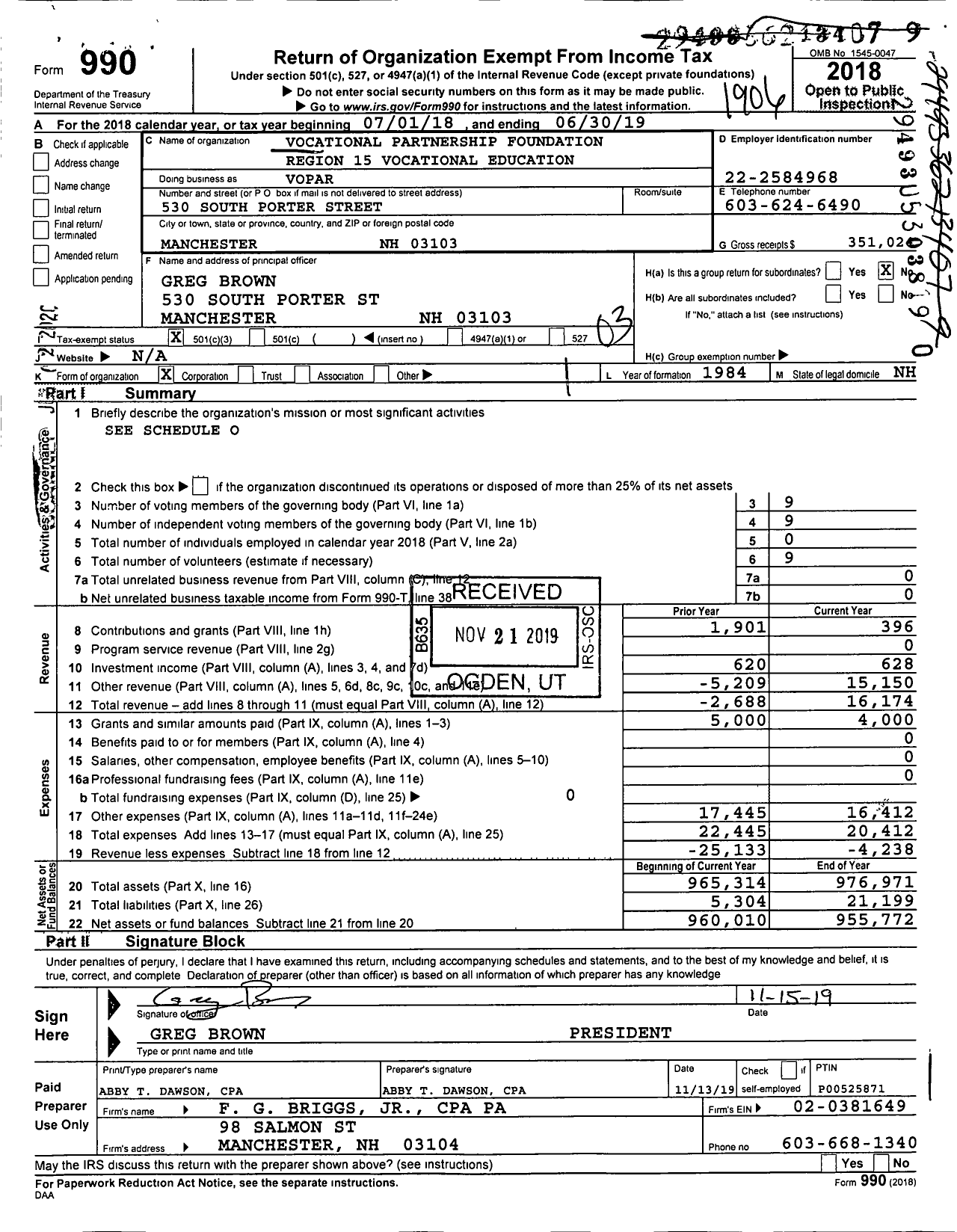 Image of first page of 2018 Form 990 for Vopar