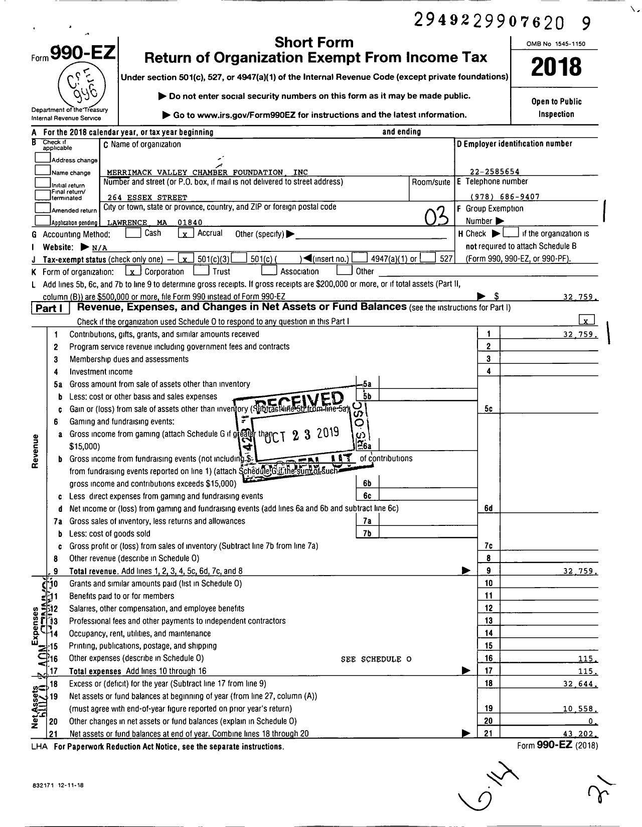 Image of first page of 2018 Form 990EZ for Merrimack Valley Chamber Foundation