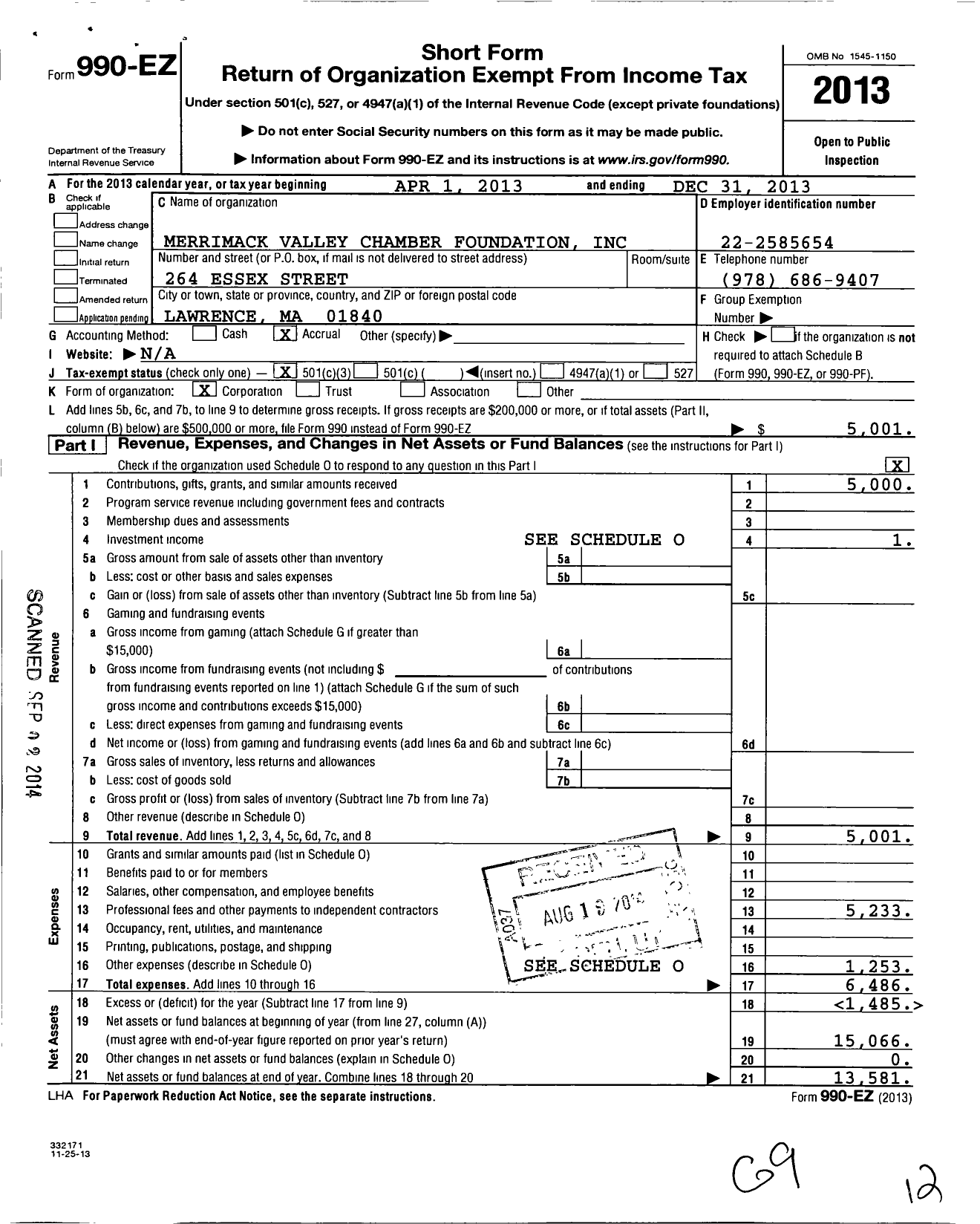 Image of first page of 2013 Form 990EZ for Merrimack Valley Chamber Foundation