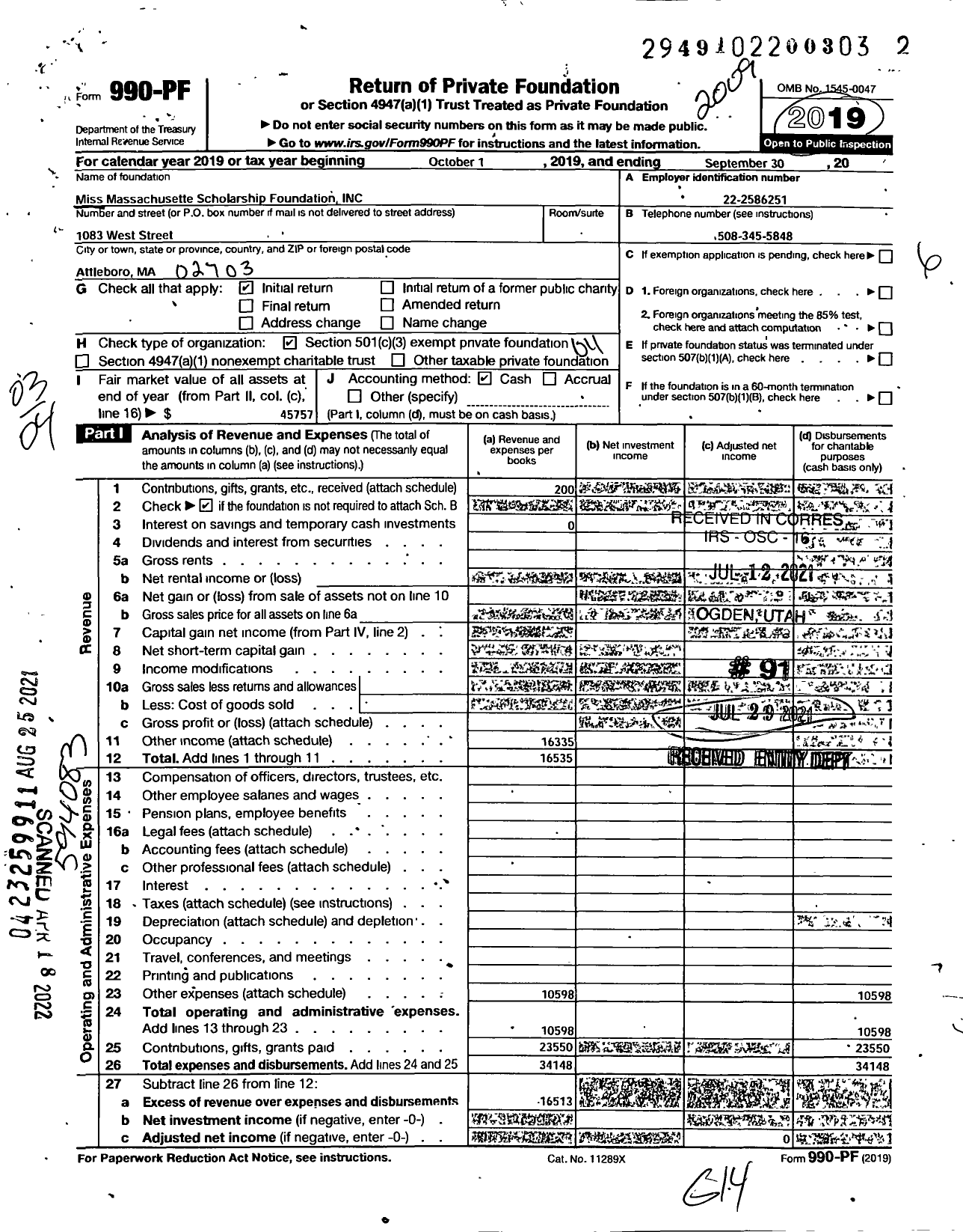 Image of first page of 2019 Form 990PF for Miss Massachusetts Scholarship Foundation