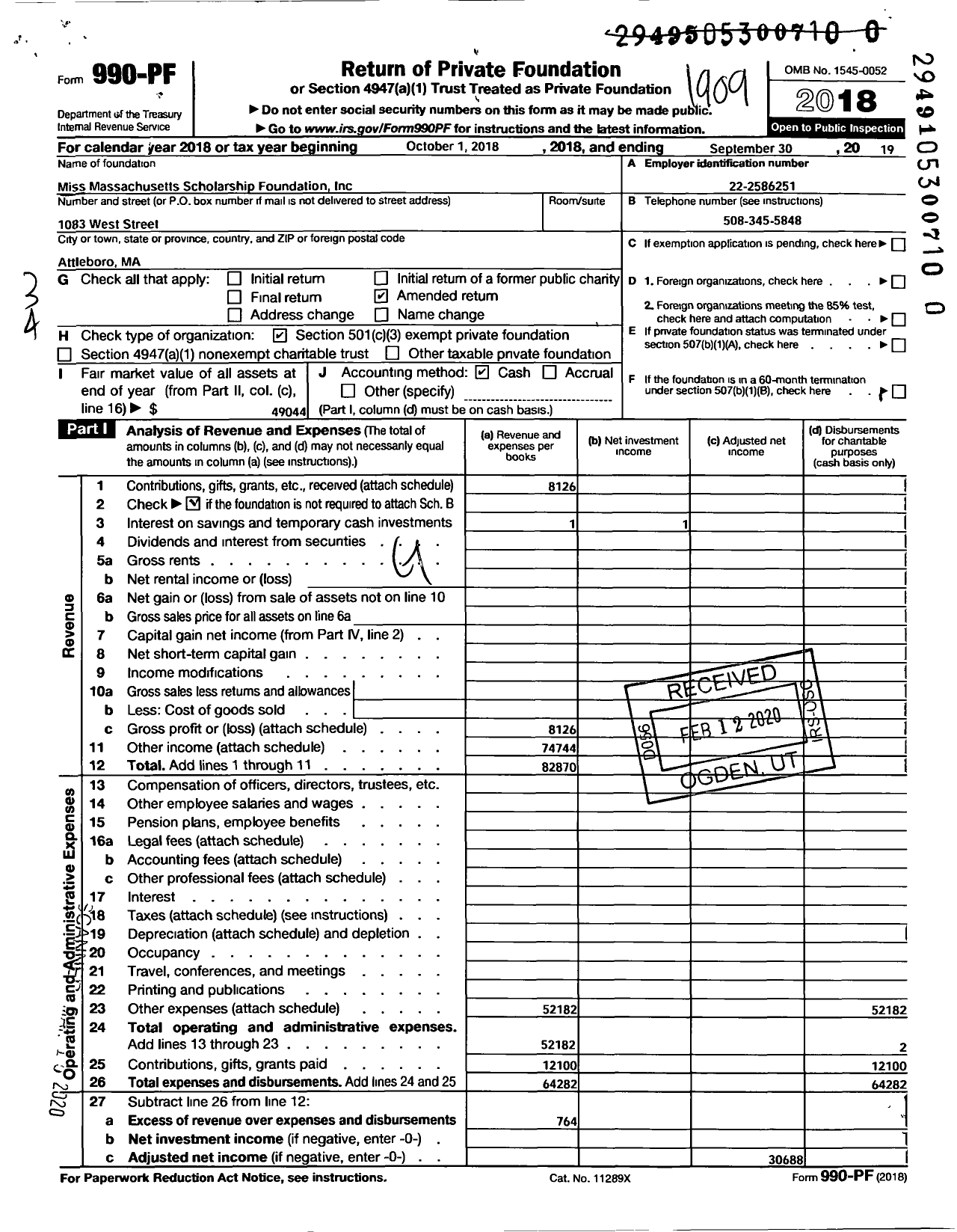 Image of first page of 2018 Form 990PR for Miss Massachusetts Scholarship Foundation