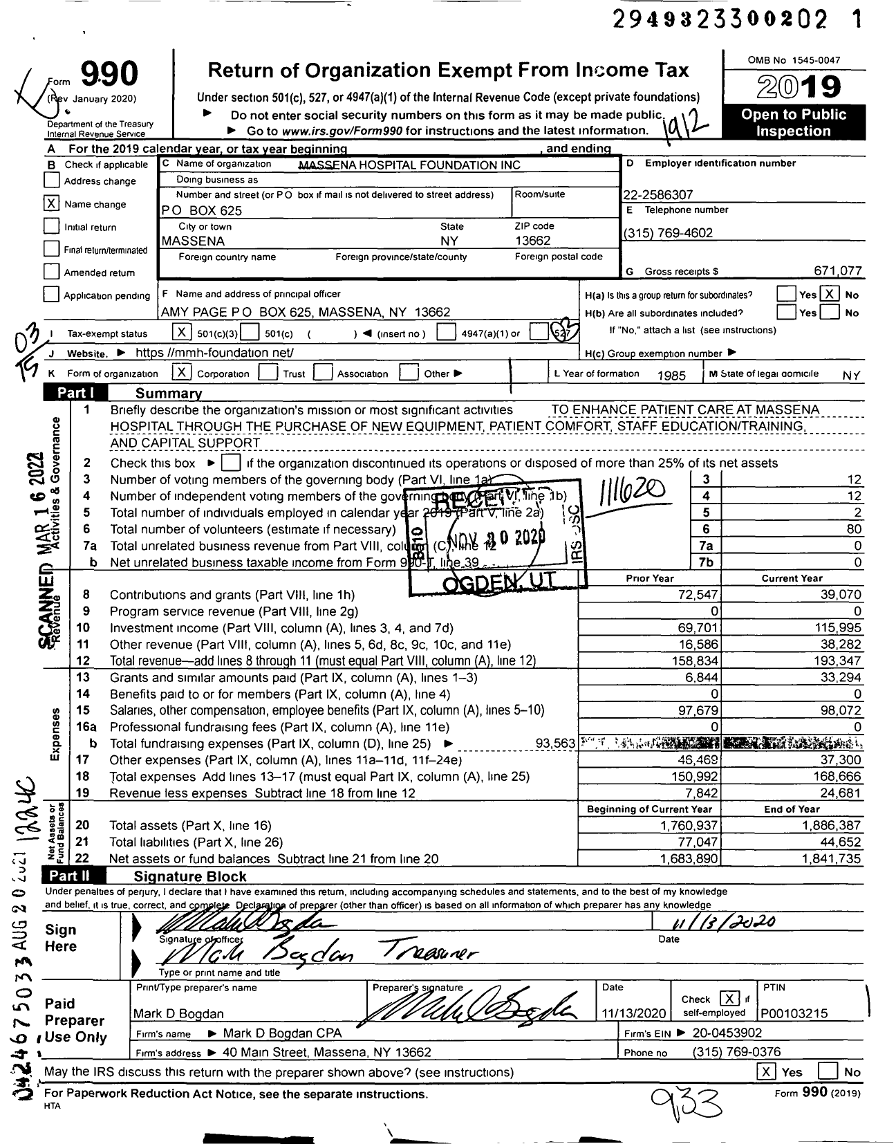 Image of first page of 2019 Form 990 for Massena Hospital Foundation