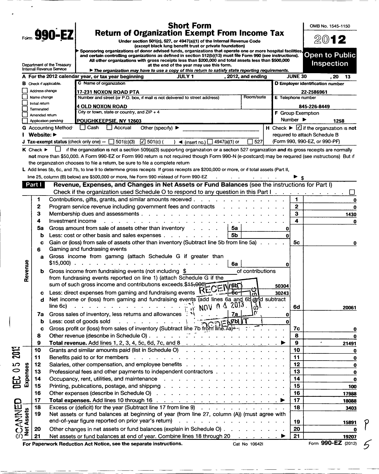 Image of first page of 2012 Form 990EO for New York State PTA - 17-231 Noxon Road PTA