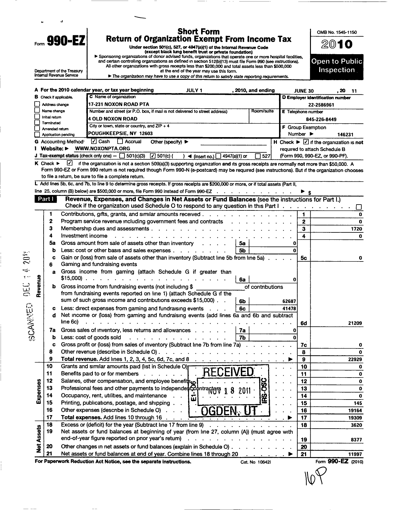 Image of first page of 2010 Form 990EO for New York State PTA - 17-231 Noxon Road PTA