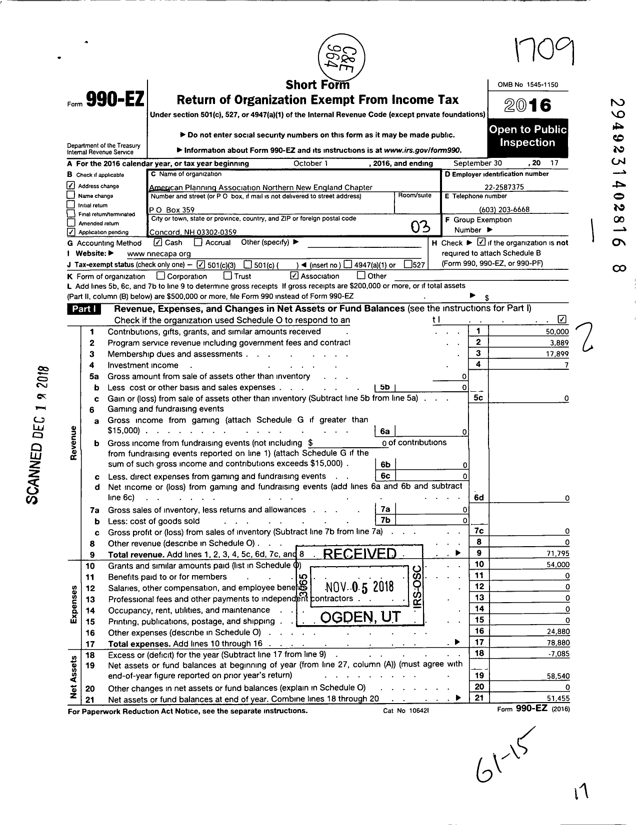 Image of first page of 2016 Form 990EZ for Northern New England Chapter American Planning Association