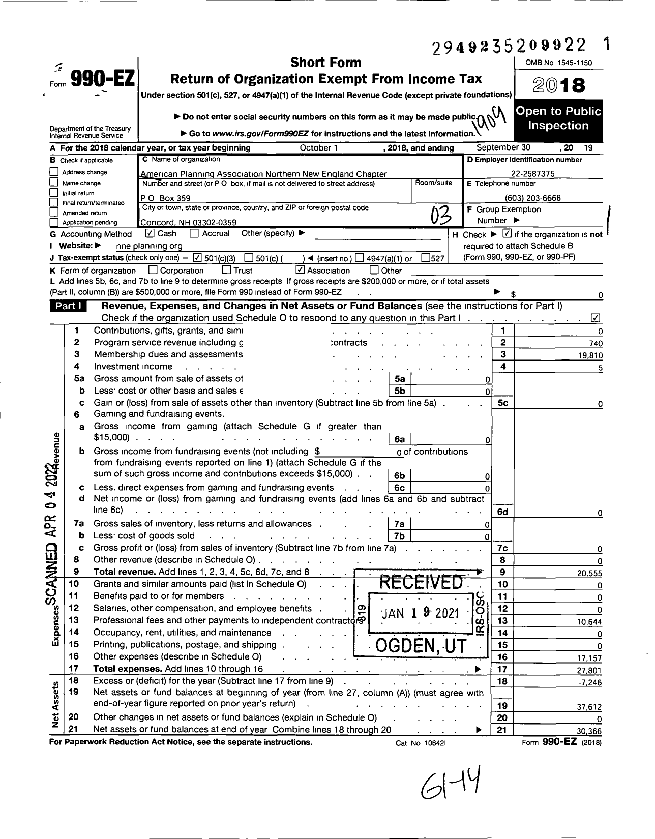 Image of first page of 2018 Form 990EZ for Northern New England Chapter American Planning Association