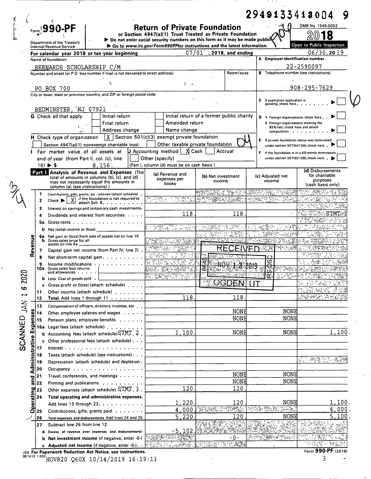 Image of first page of 2018 Form 990PF for Bernards Scholarship CM