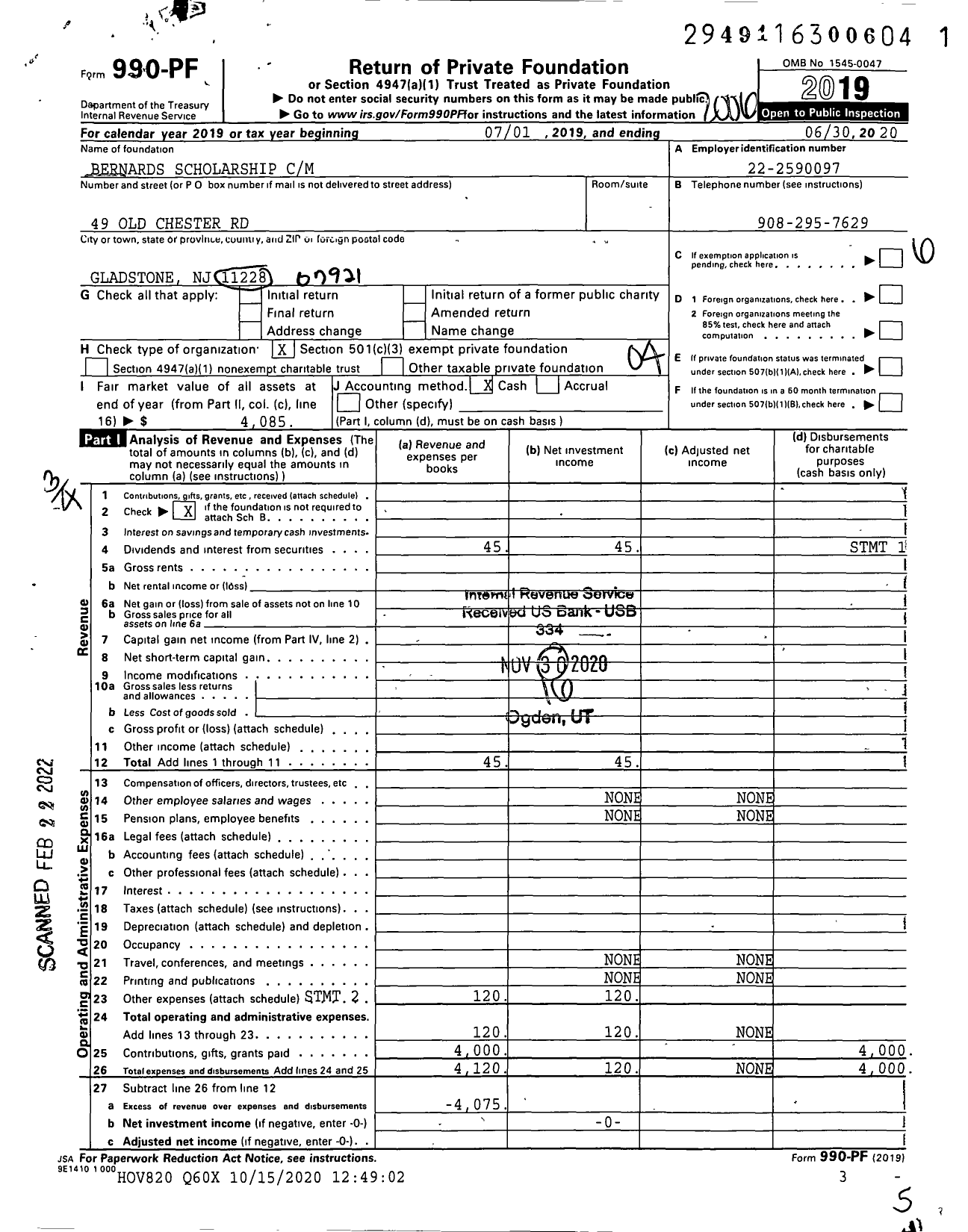 Image of first page of 2019 Form 990PF for Bernards Scholarship CM