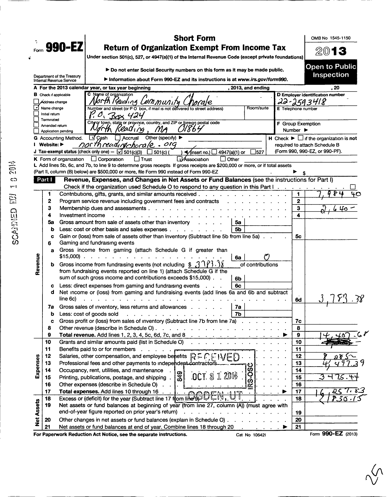 Image of first page of 2013 Form 990EZ for North Reading Community Chorale