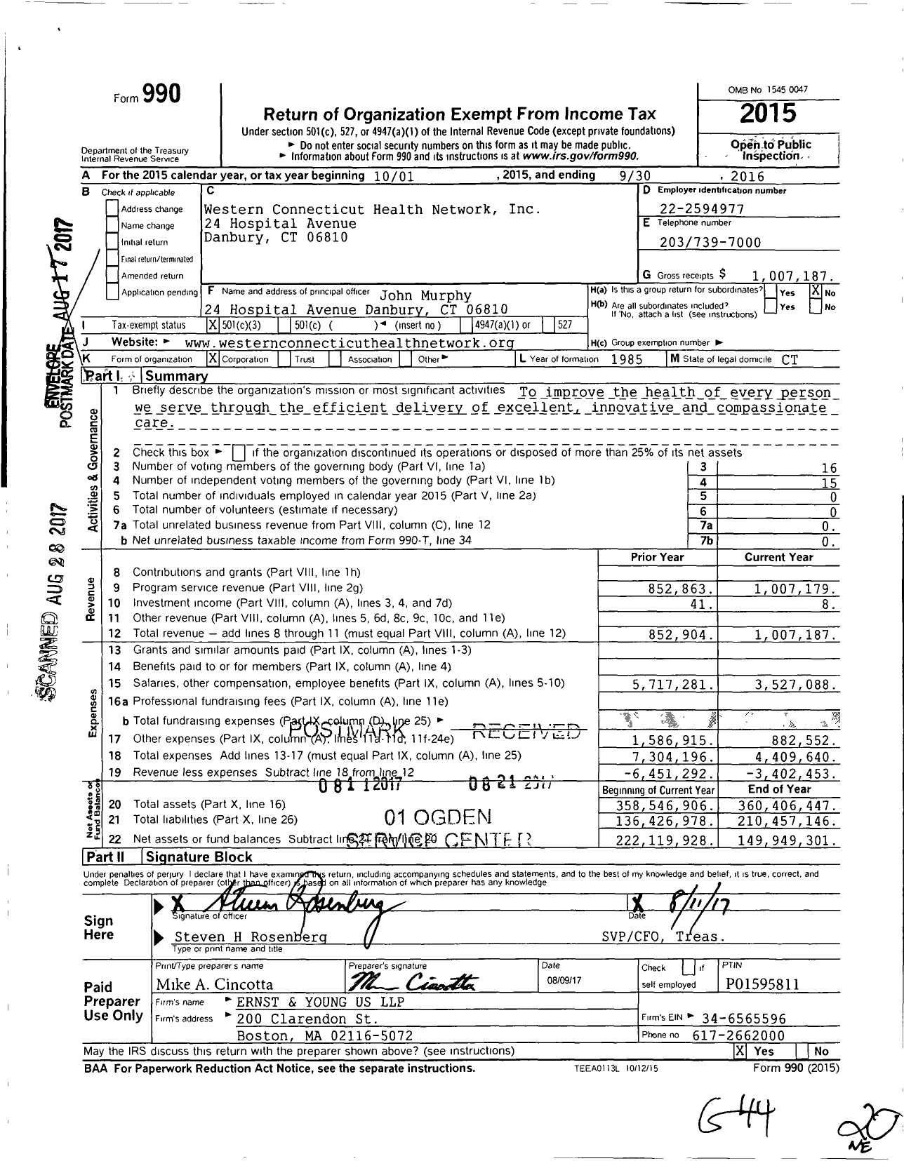 Image of first page of 2015 Form 990 for Western Connecticut Health Network