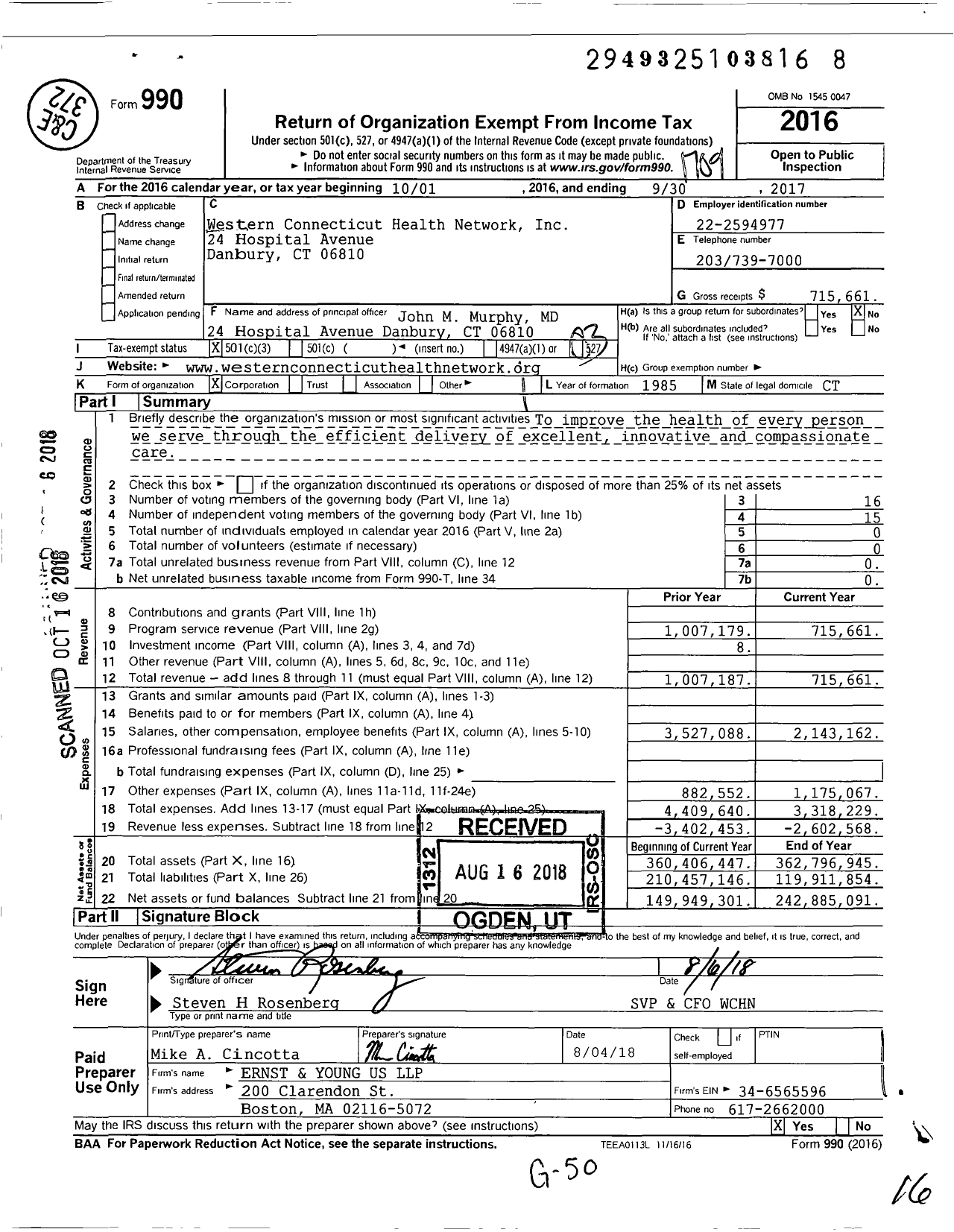 Image of first page of 2016 Form 990 for Western Connecticut Health Network