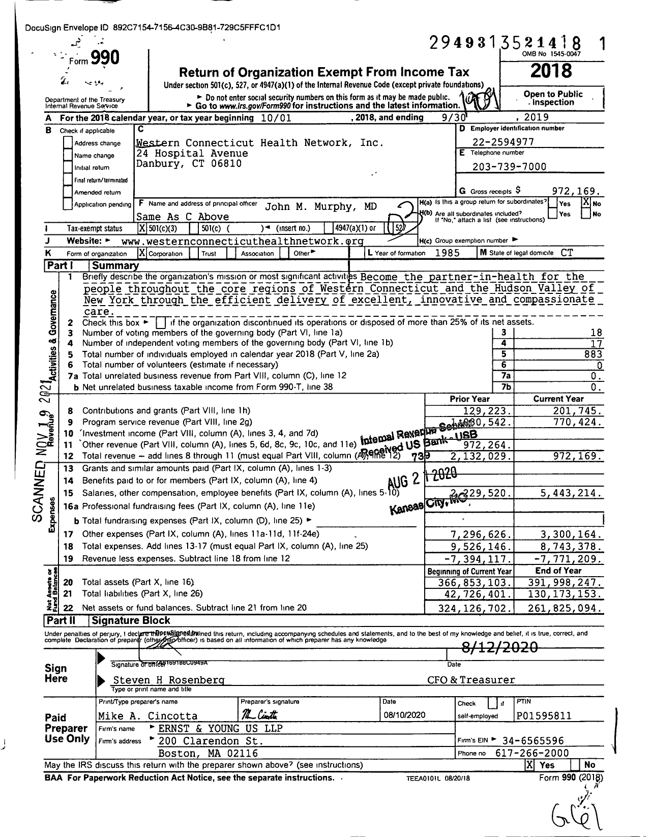 Image of first page of 2018 Form 990 for Western Connecticut Health Network