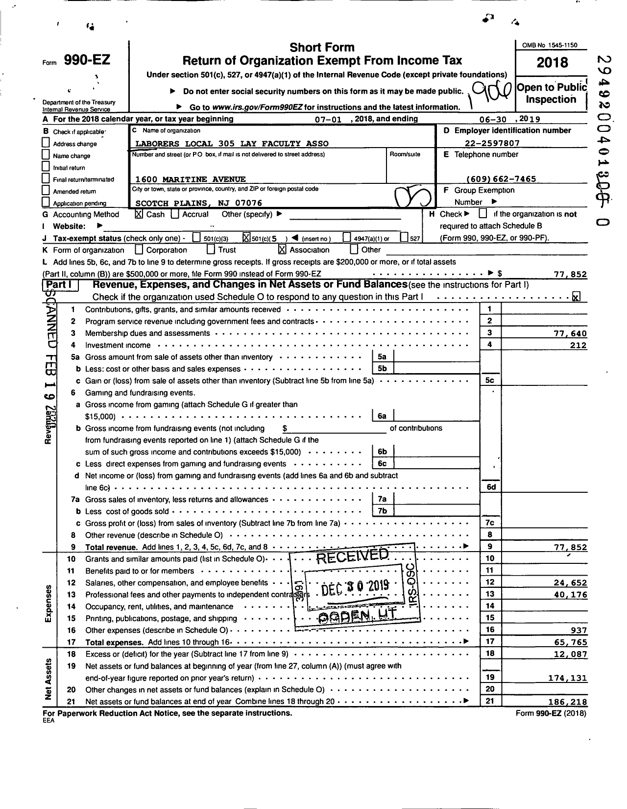 Image of first page of 2018 Form 990EO for Laborers' International Union of North America - 305 Local Lay Faculty Association