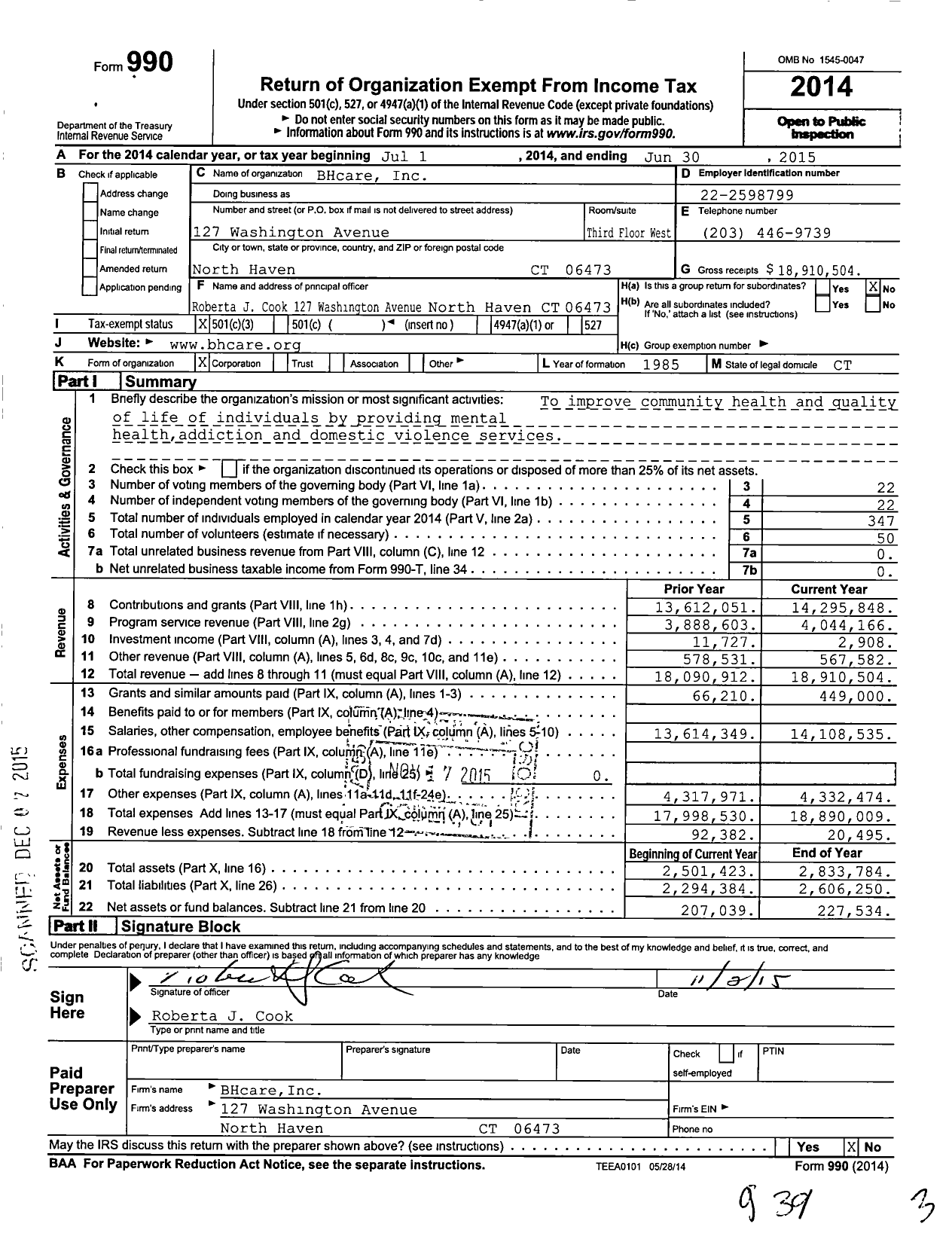 Image of first page of 2014 Form 990 for BHcare