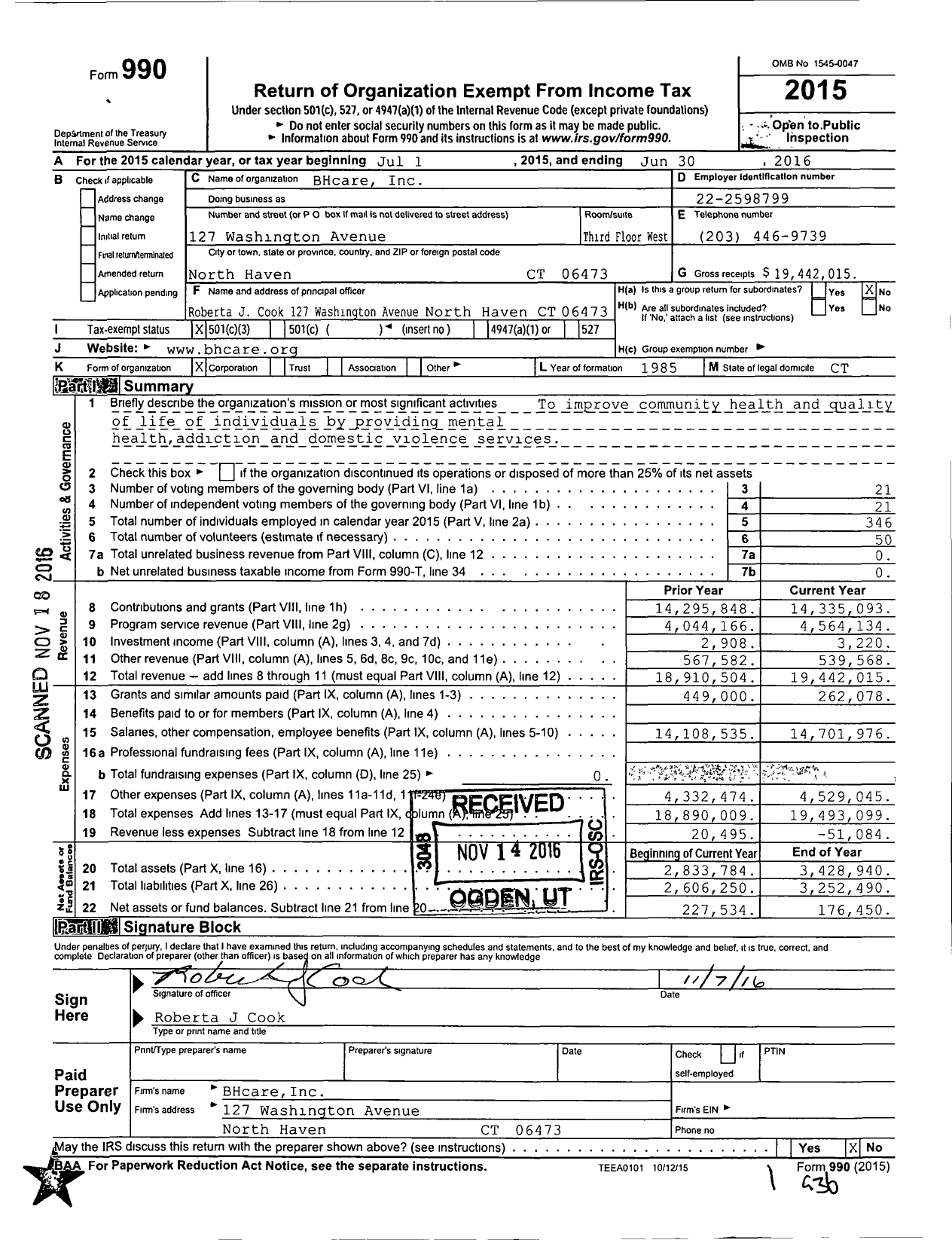 Image of first page of 2015 Form 990 for BHcare