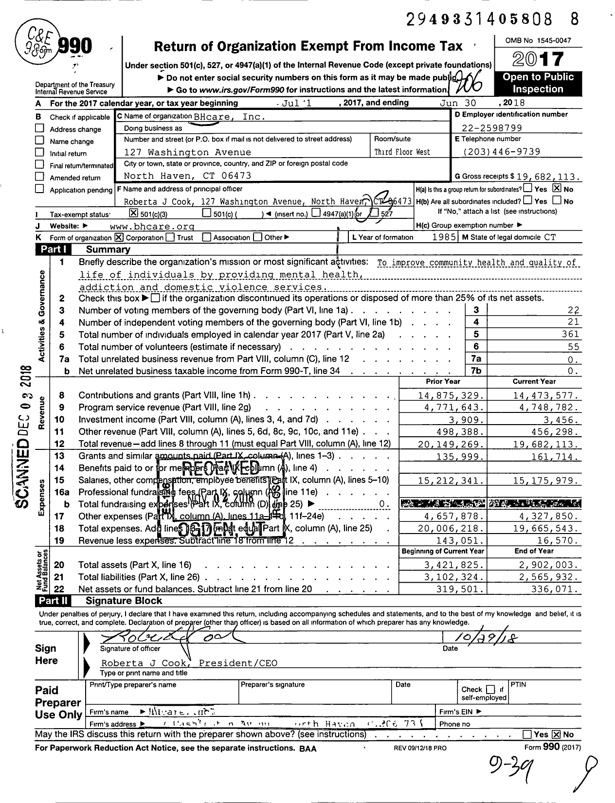 Image of first page of 2017 Form 990 for BHcare