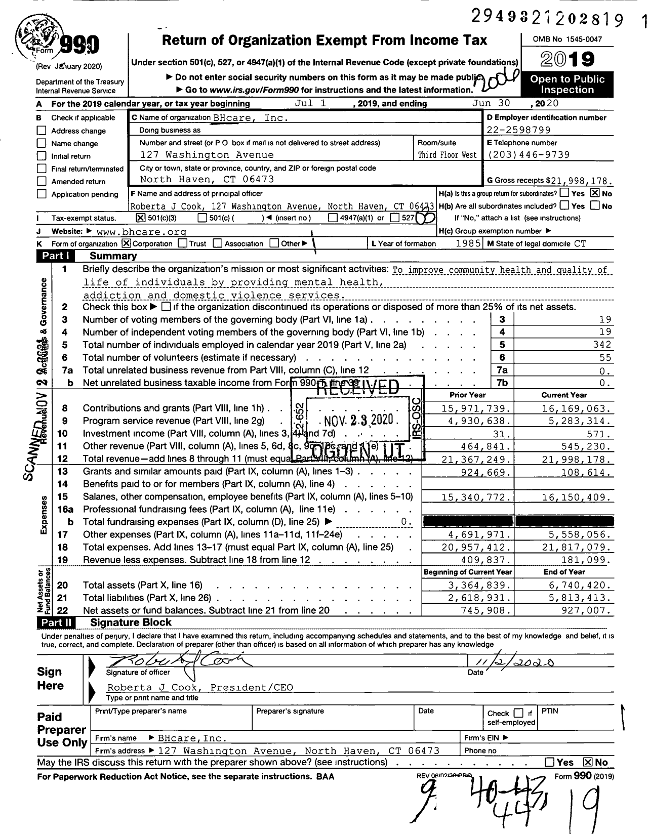 Image of first page of 2019 Form 990 for BHcare