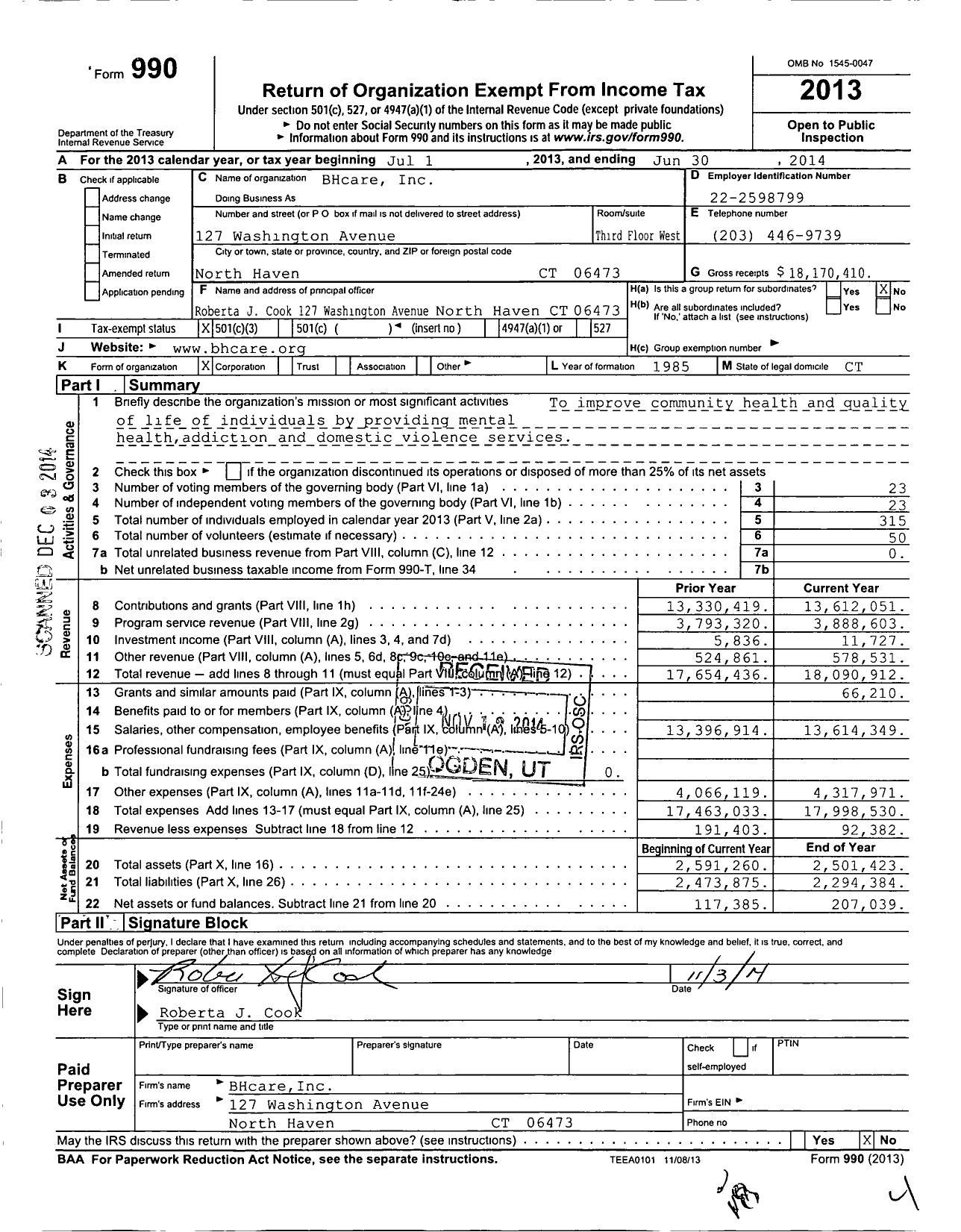 Image of first page of 2013 Form 990 for BHcare