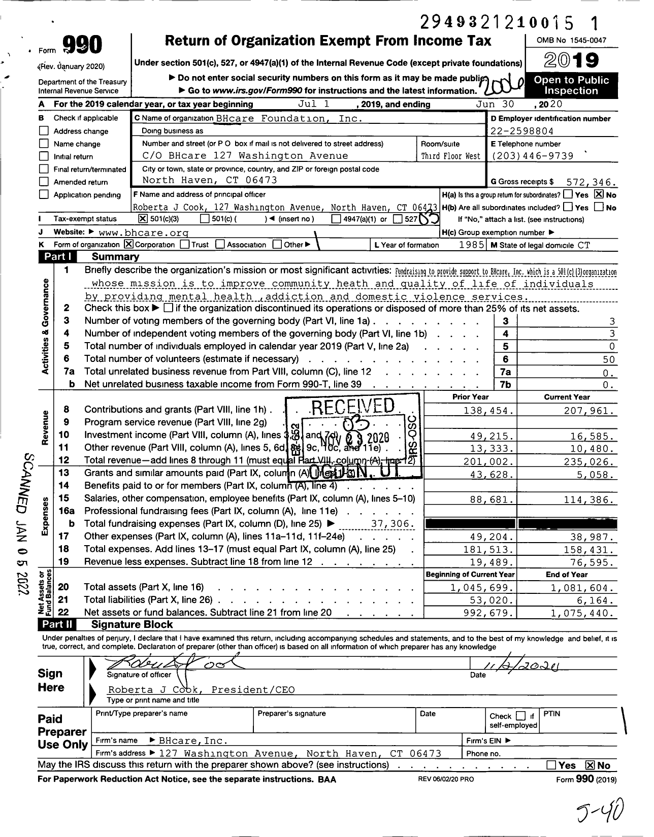 Image of first page of 2019 Form 990 for BHcare Foundation