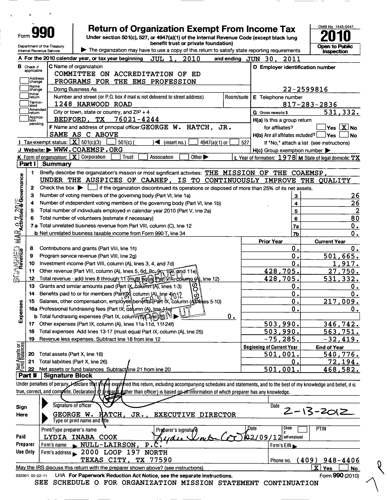 Image of first page of 2010 Form 990 for Committee on Accreditation of Ed Programs for the Ems Profession