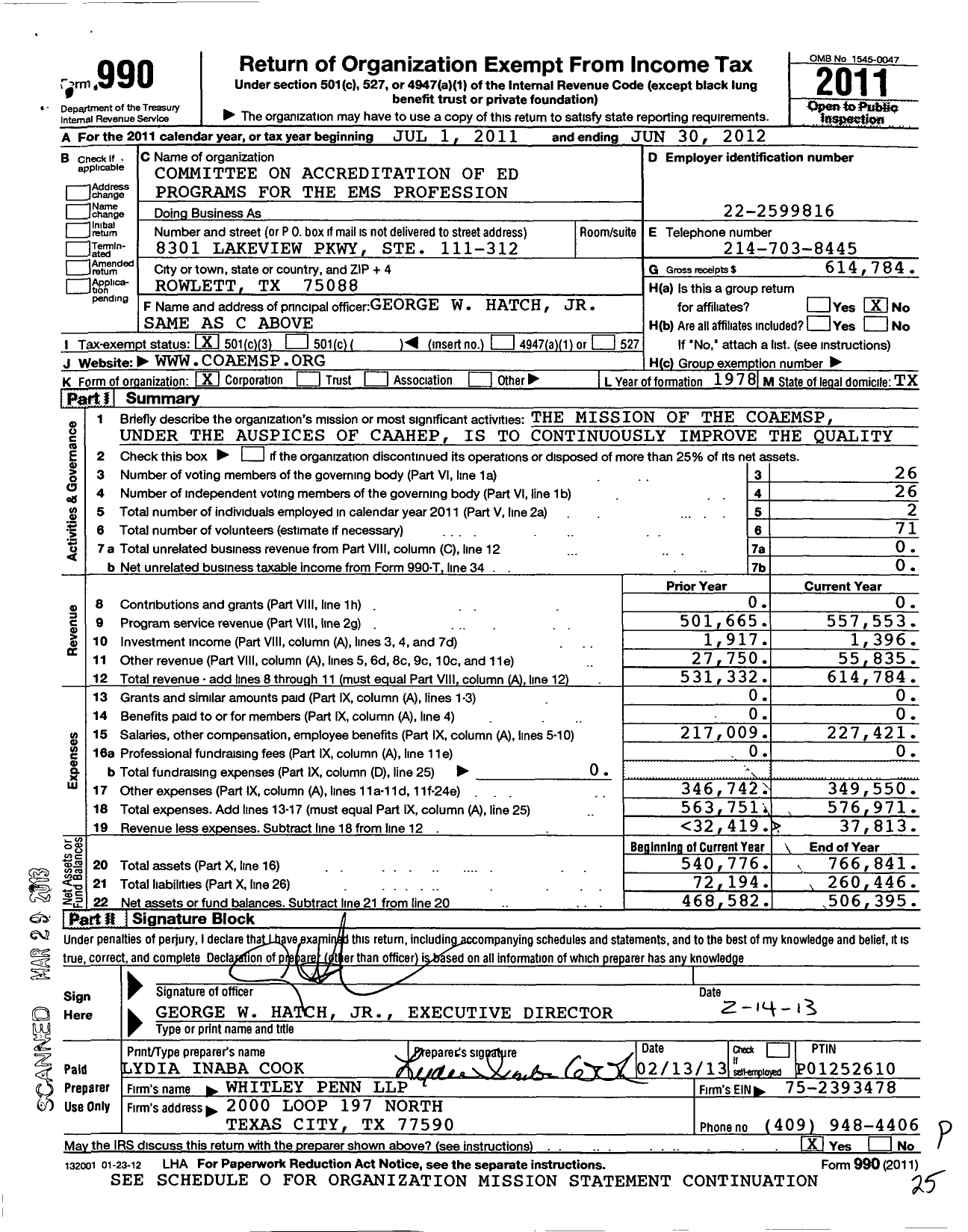 Image of first page of 2011 Form 990 for Committee on Accreditation of Ed Programs for the Ems Profession