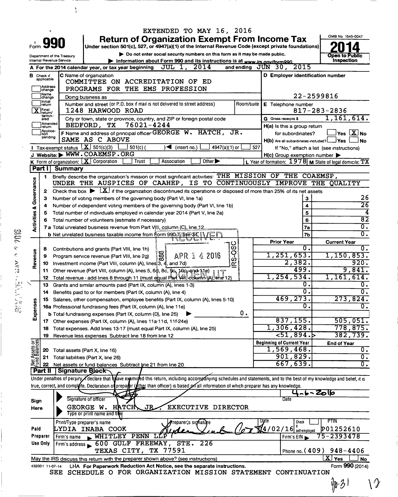 Image of first page of 2014 Form 990 for Committee on Accreditation of Ed Programs for the Ems Profession