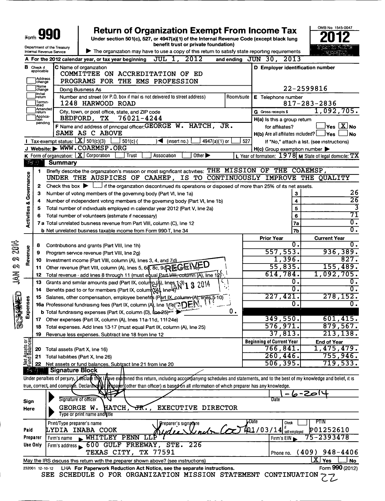 Image of first page of 2012 Form 990 for Committee on Accreditation of Ed Programs for the Ems Profession