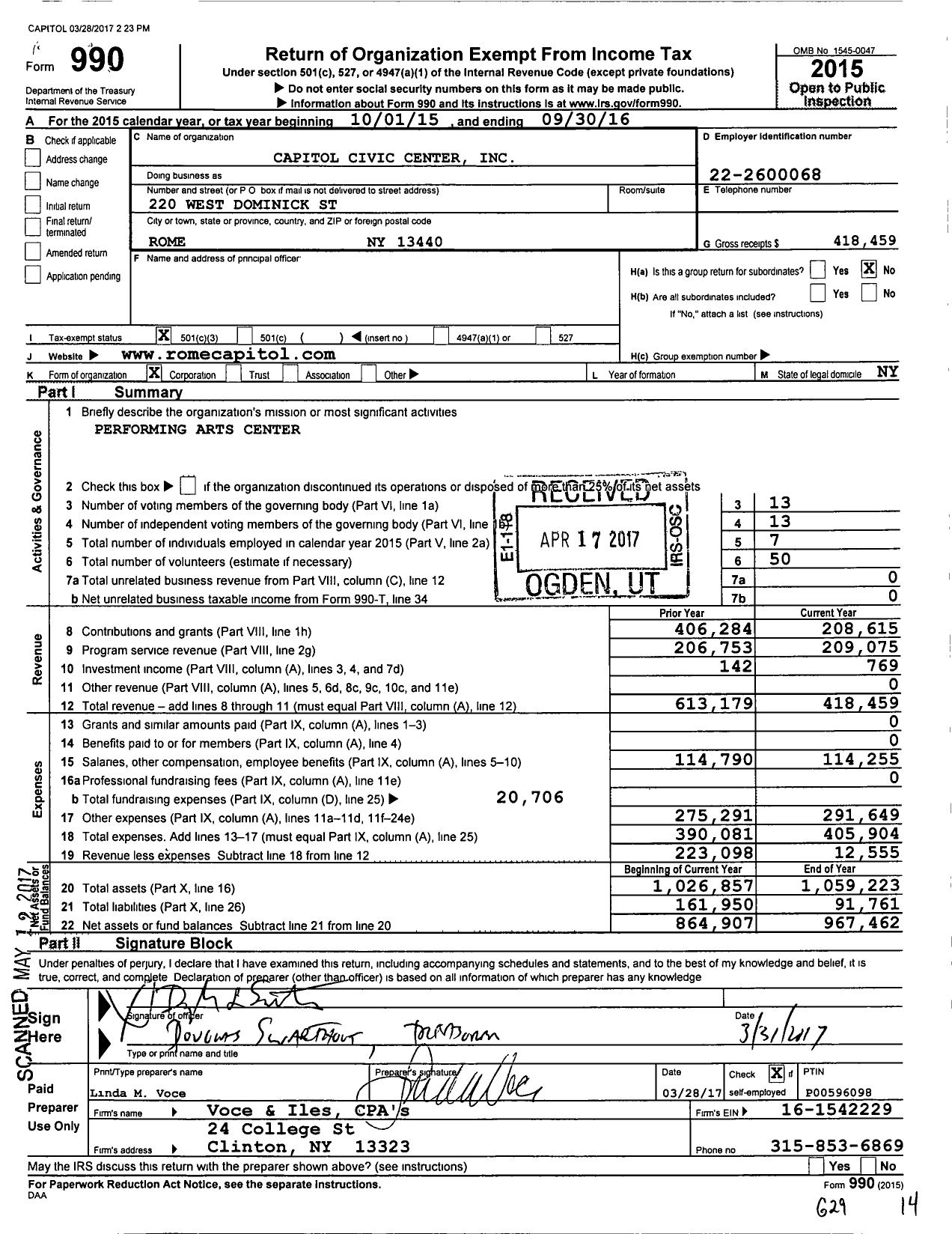 Image of first page of 2015 Form 990 for Capitol Civic Center