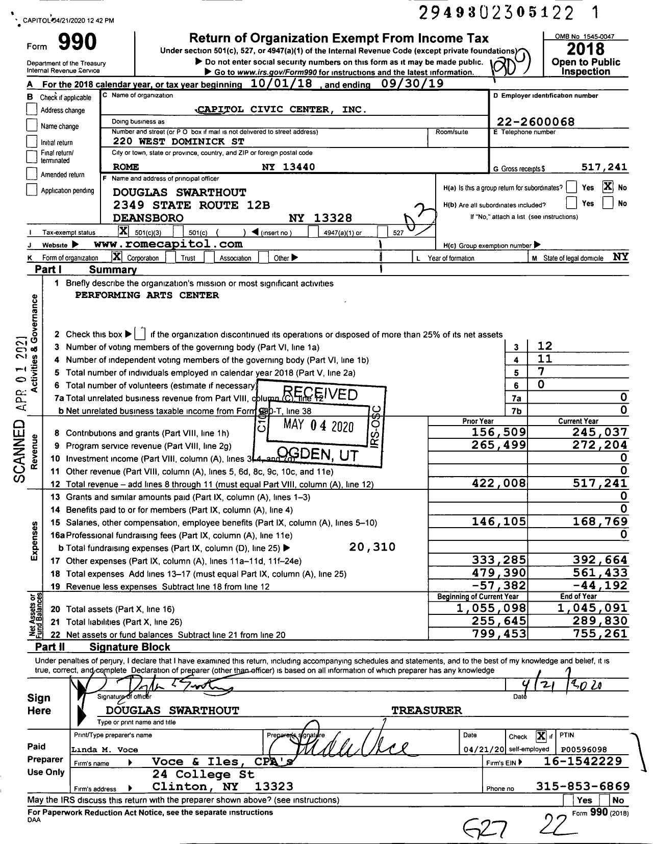 Image of first page of 2018 Form 990 for Capitol Civic Center