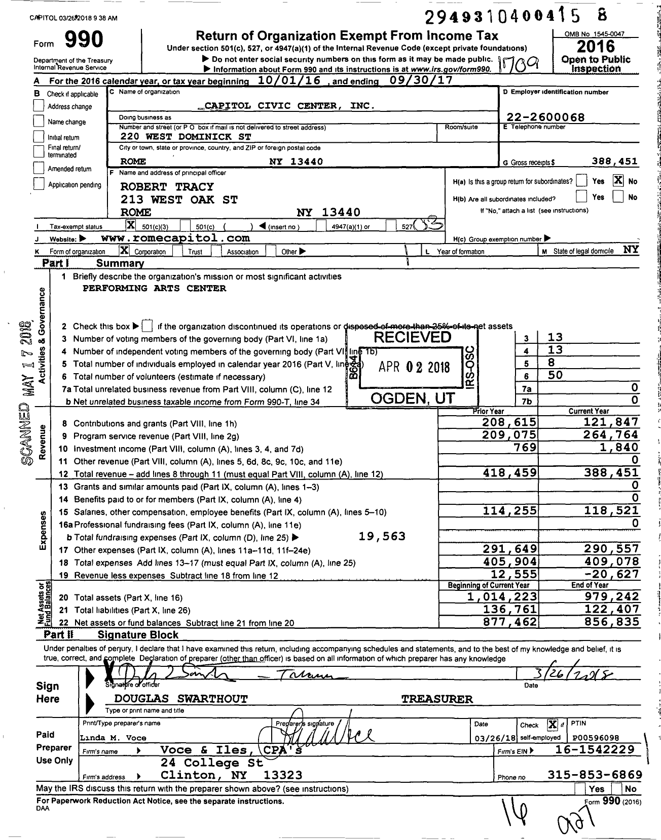 Image of first page of 2016 Form 990 for Capitol Civic Center