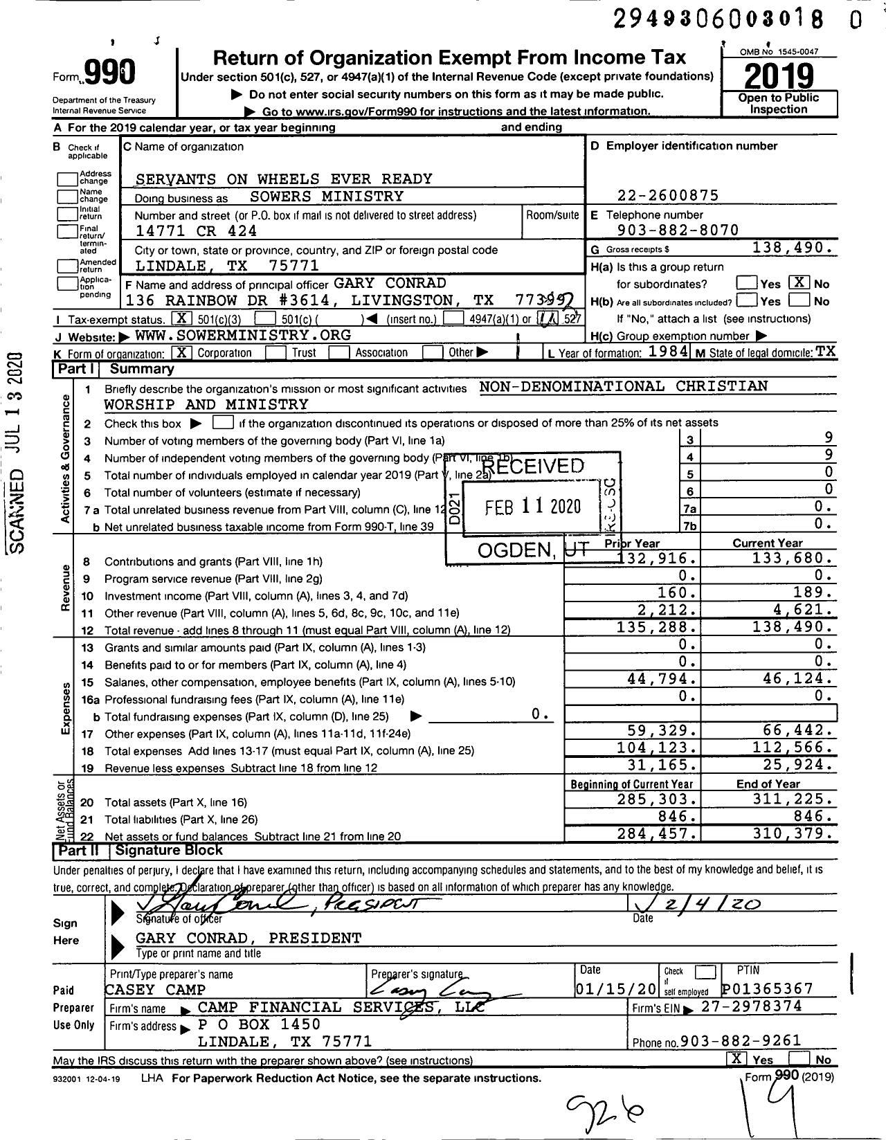 Image of first page of 2019 Form 990 for Servants on Wheels Ever Ready Sowers Ministry