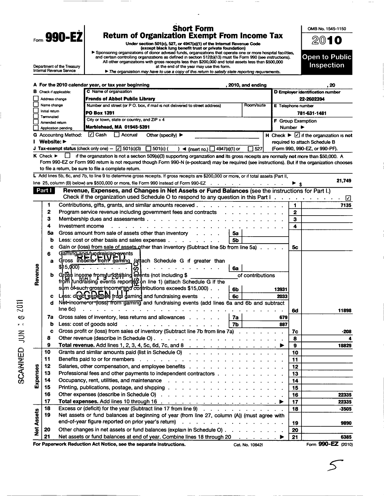 Image of first page of 2010 Form 990EZ for Friends of Abbot Public Library