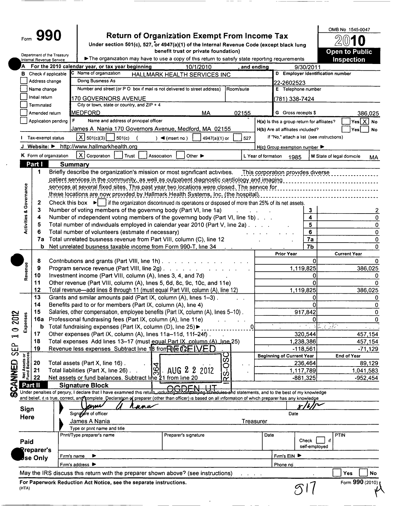 Image of first page of 2010 Form 990 for Hallmark Health Services