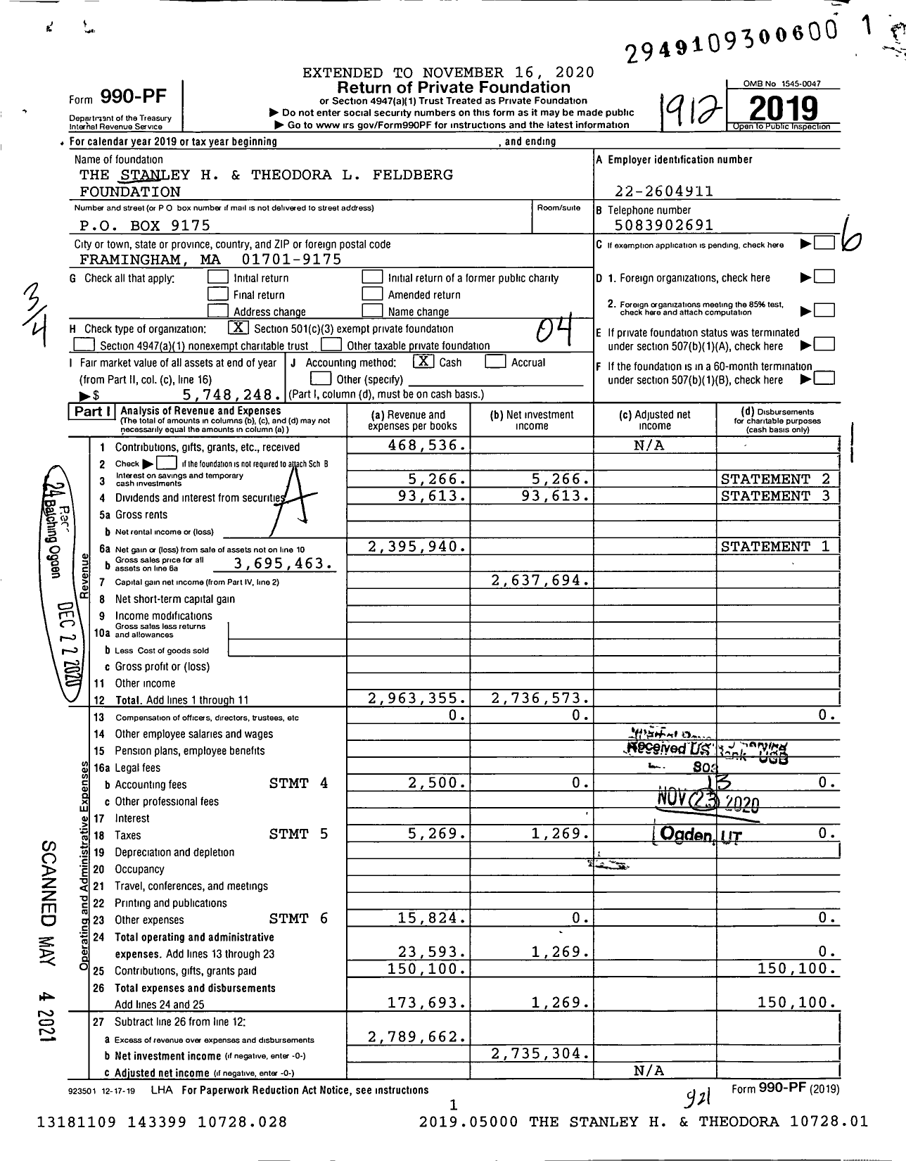 Image of first page of 2019 Form 990PF for The Stanley H and Theodora L Feldberg Foundation