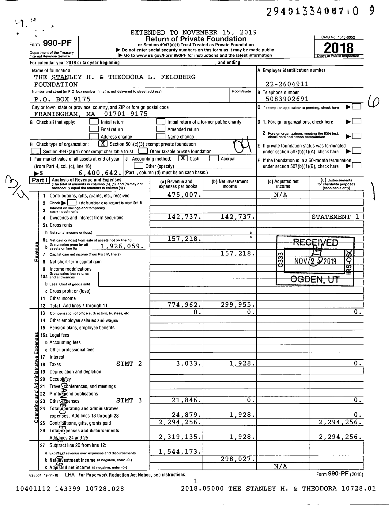 Image of first page of 2018 Form 990PF for The Stanley H and Theodora L Feldberg Foundation