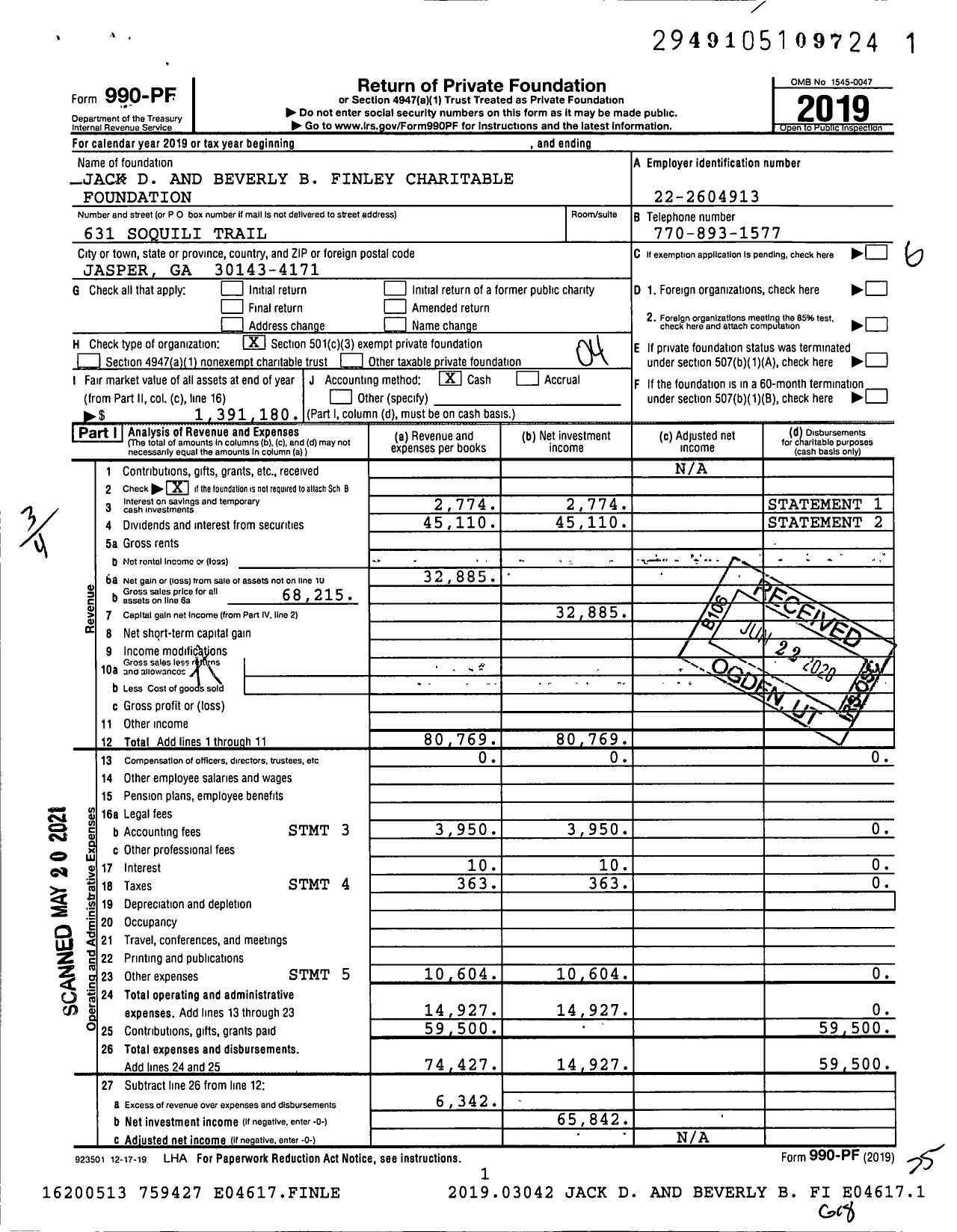 Image of first page of 2019 Form 990PF for Jack D and Beverly B Finley Charitable Foundation