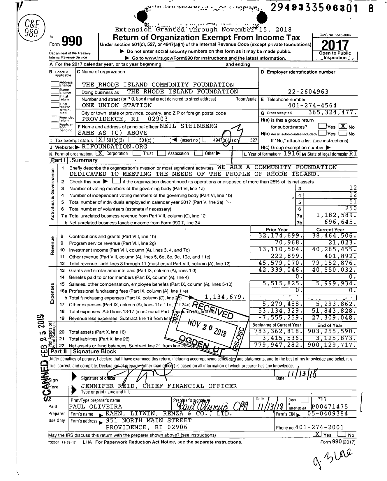 Image of first page of 2017 Form 990 for The Rhode Island Foundation