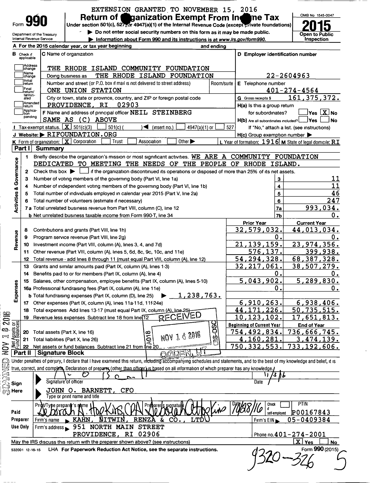 Image of first page of 2015 Form 990 for The Rhode Island Foundation