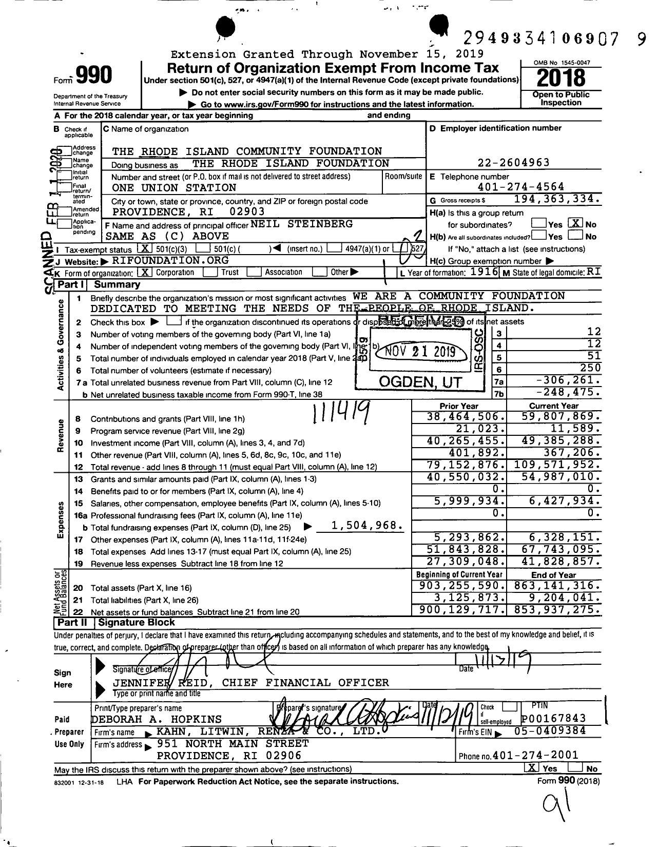 Image of first page of 2018 Form 990 for The Rhode Island Foundation