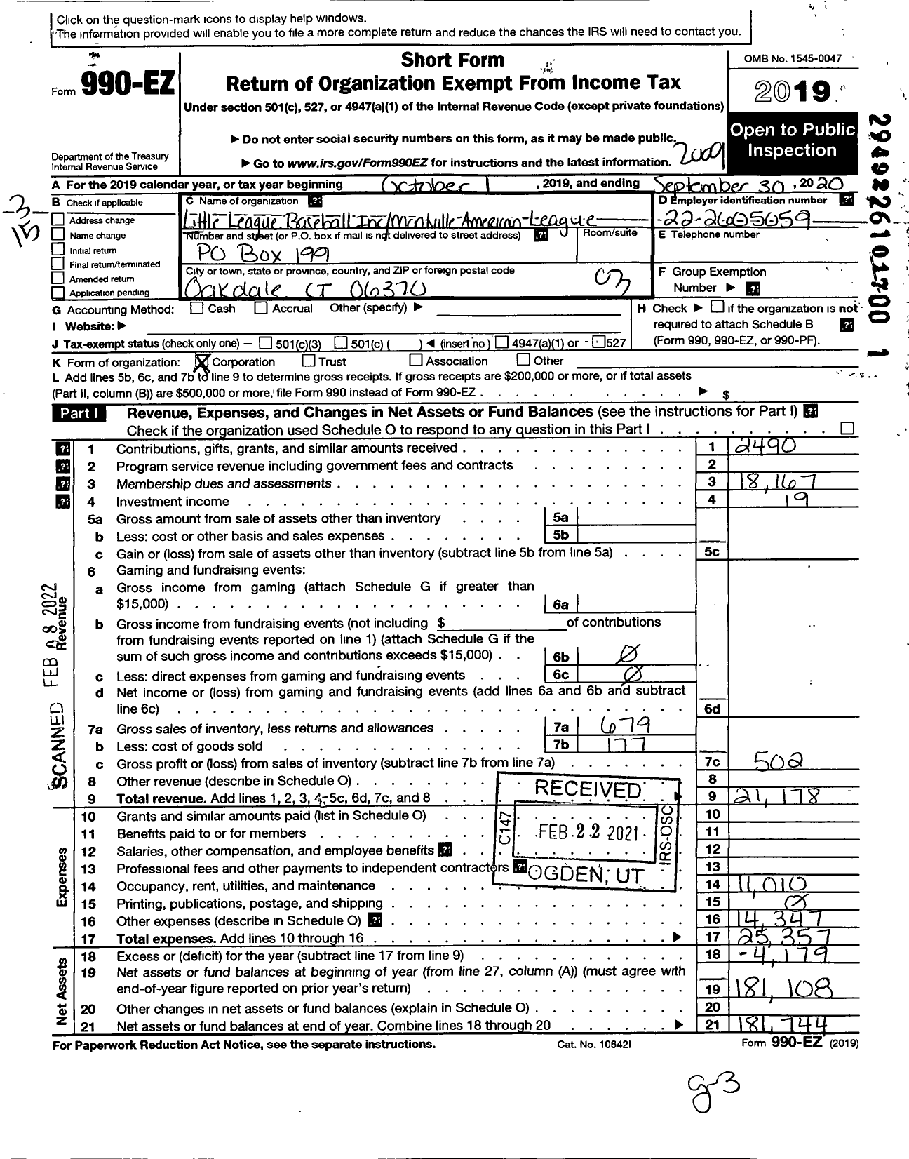 Image of first page of 2019 Form 990EZ for Little League Baseball - 2071005 Montville LL